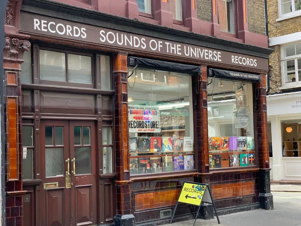 Exterior of Sounds of the Universe record shop in Soho, London.