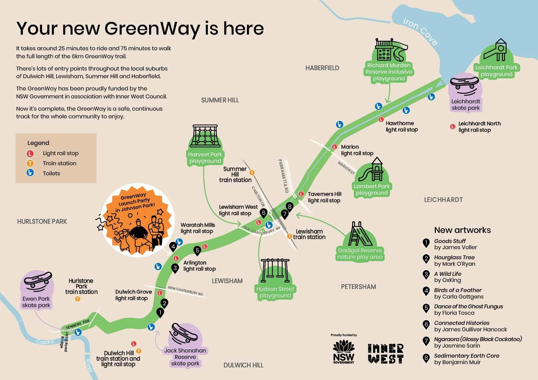 Map of the Sydney GreenWay from Iron Cove to the Cook's River as seen on the Inner West website.