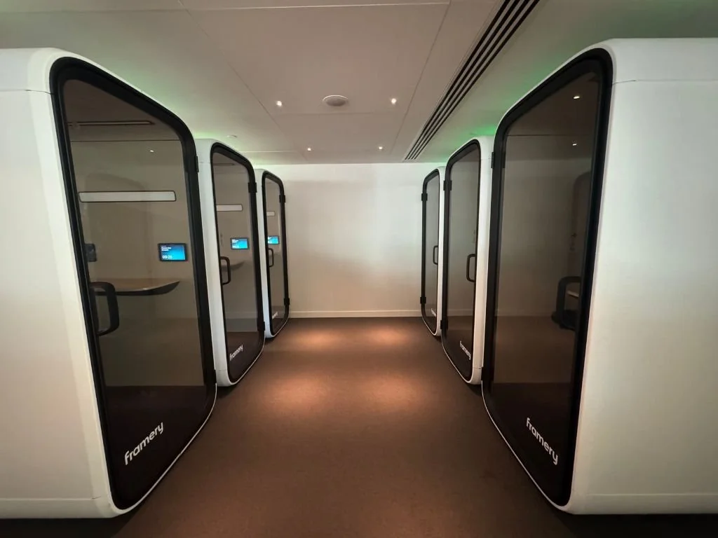 Framery soundproof work pods at the Finnair Lounge in Helsinki.