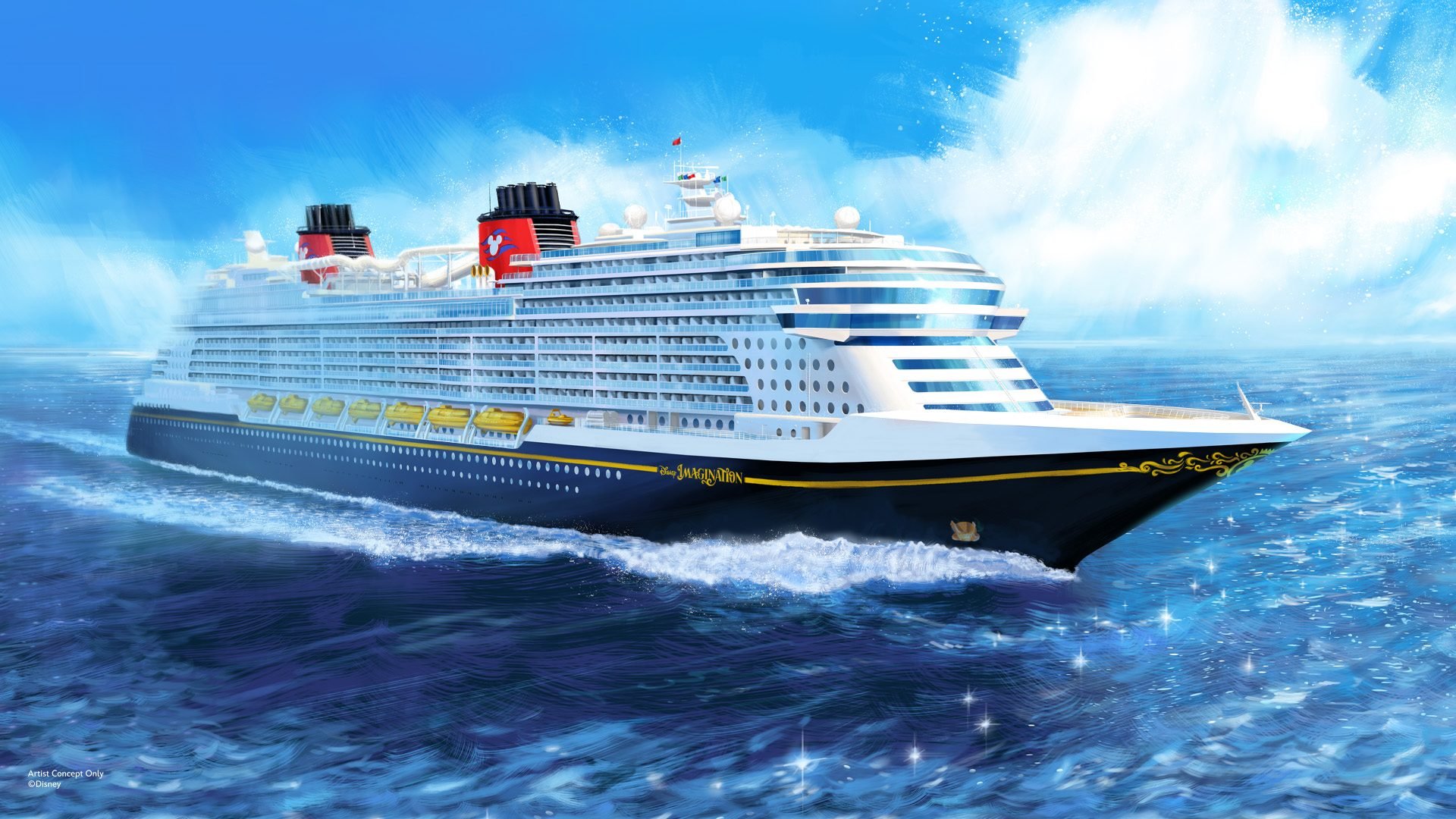 Concept art of the Disney Imagination cruise ship sailing at sea, showing its exterior design.