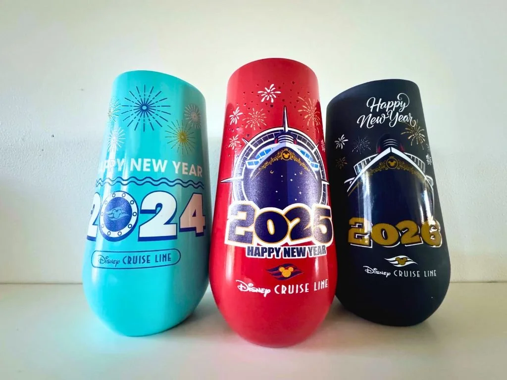 Disney Cruise Line metal Happy New Year souvenir cups from 2024, 2025 and 2026