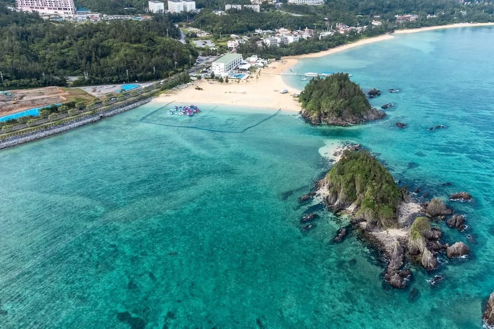 drone view of a tropical beach in okinawa japan