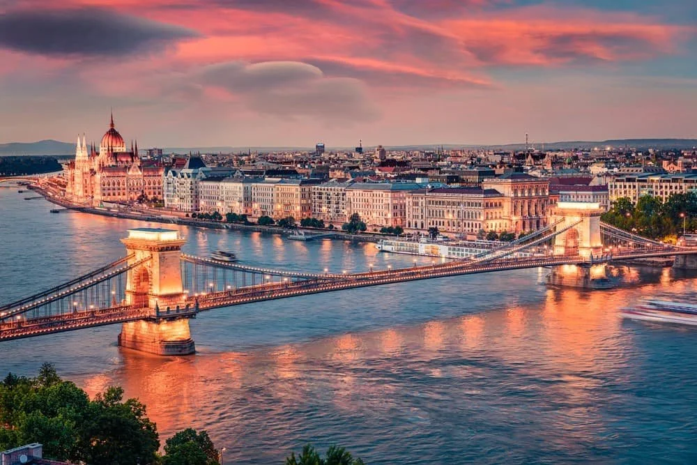 evening view of the danube river in budapest hungary