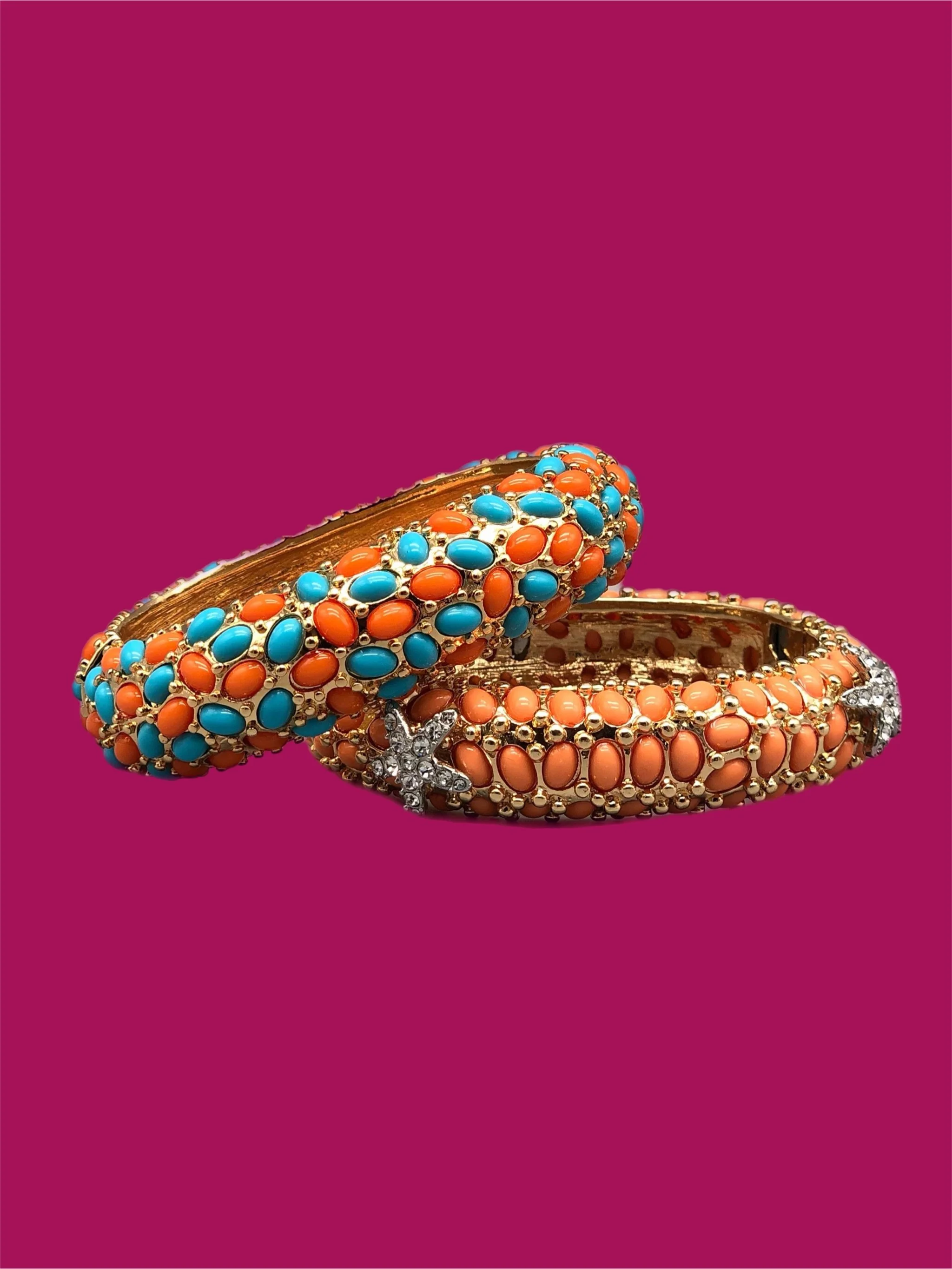 Kenneth Jay Lane gold-tone rigid bracelet with orange cabochons and crystal details, costume jewelry, Crepundia Gioielli Bologna