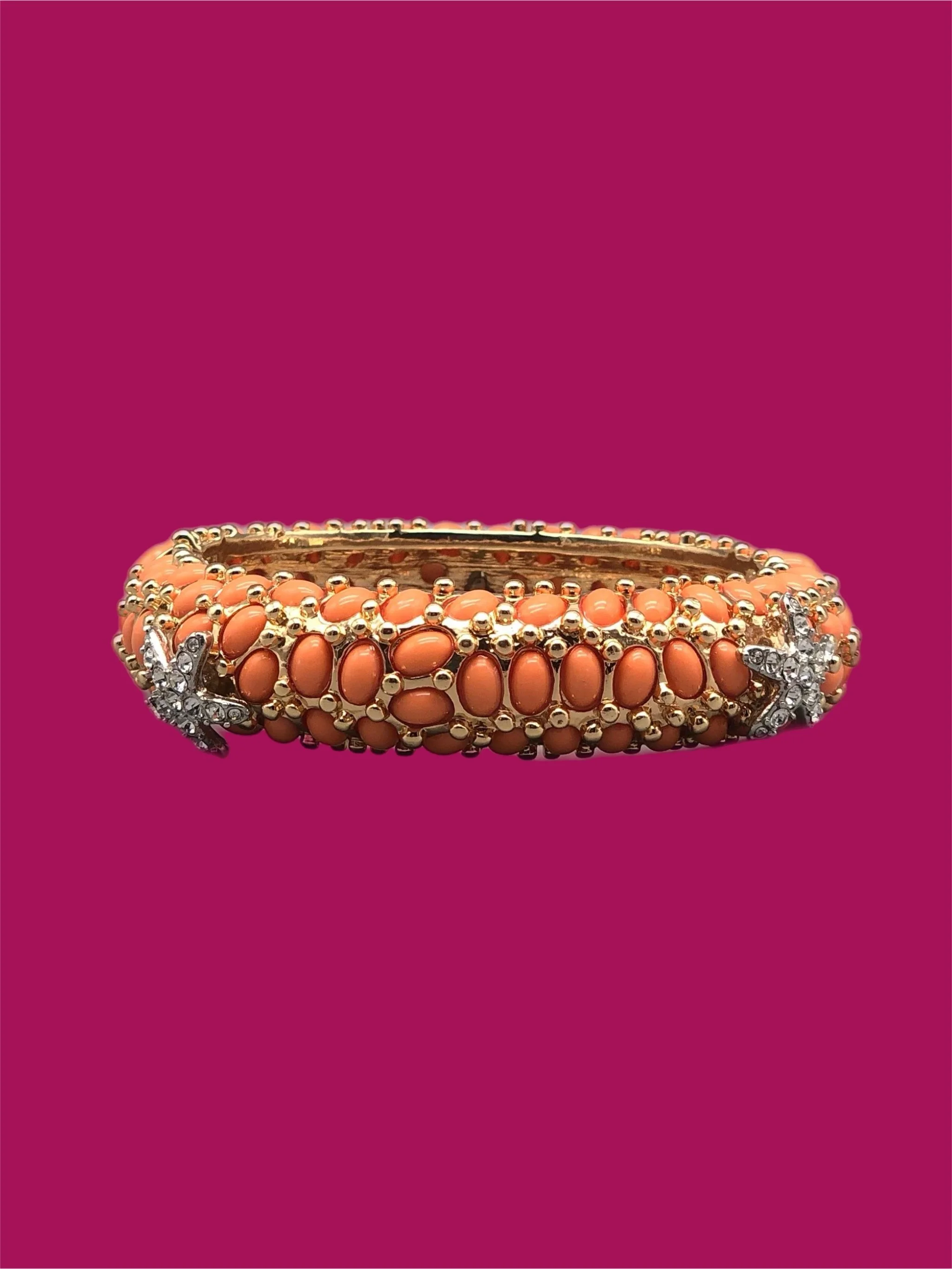 Kenneth Jay Lane gold-tone rigid bracelet with orange cabochons and crystal details, costume jewelry, Crepundia Gioielli Bologna