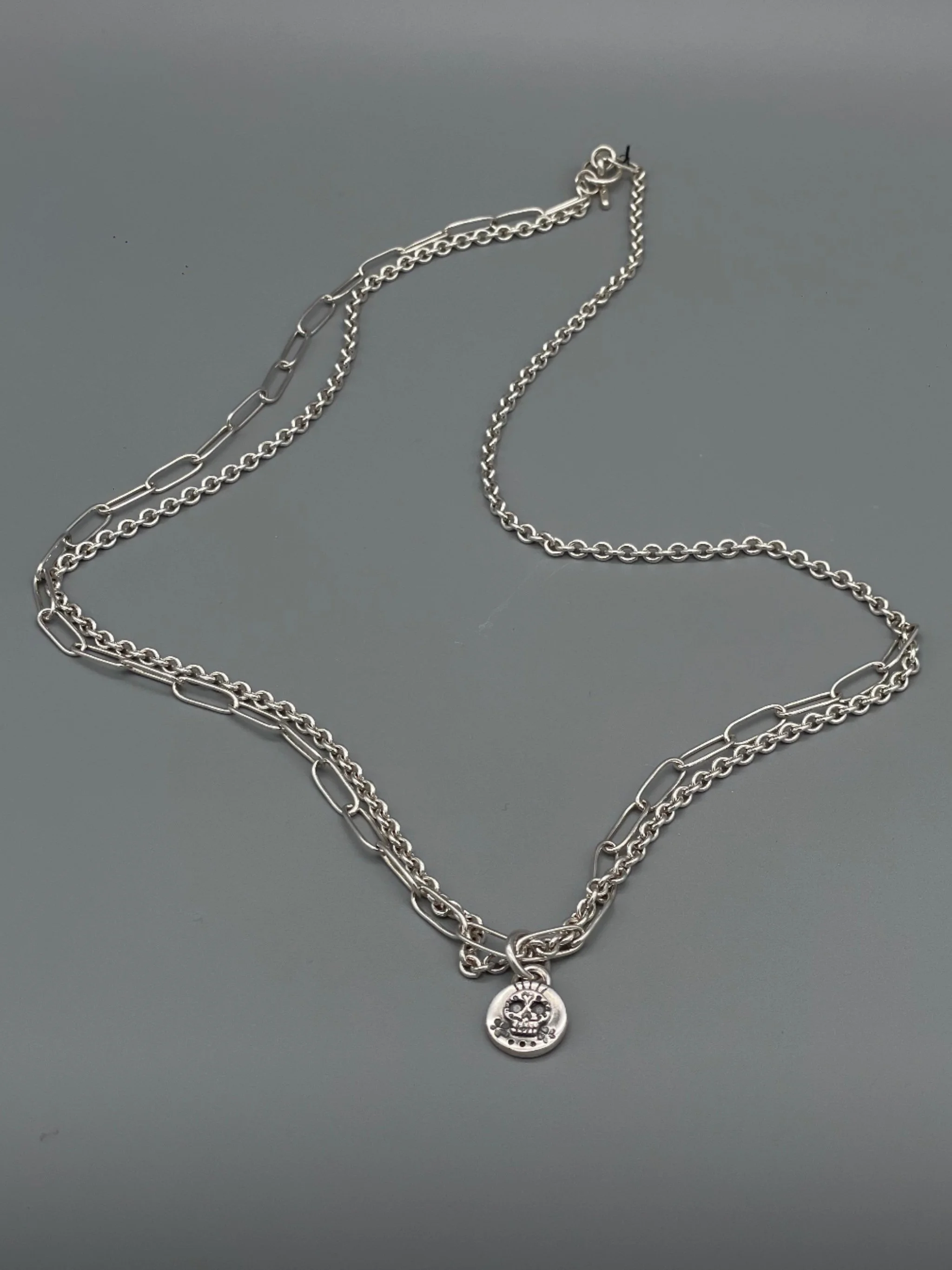 Sonja Markhoff Long Twin Chain necklace in sterling silver with Calavera pendant, layered contemporary necklace by Crepundia Gioielli Bologna