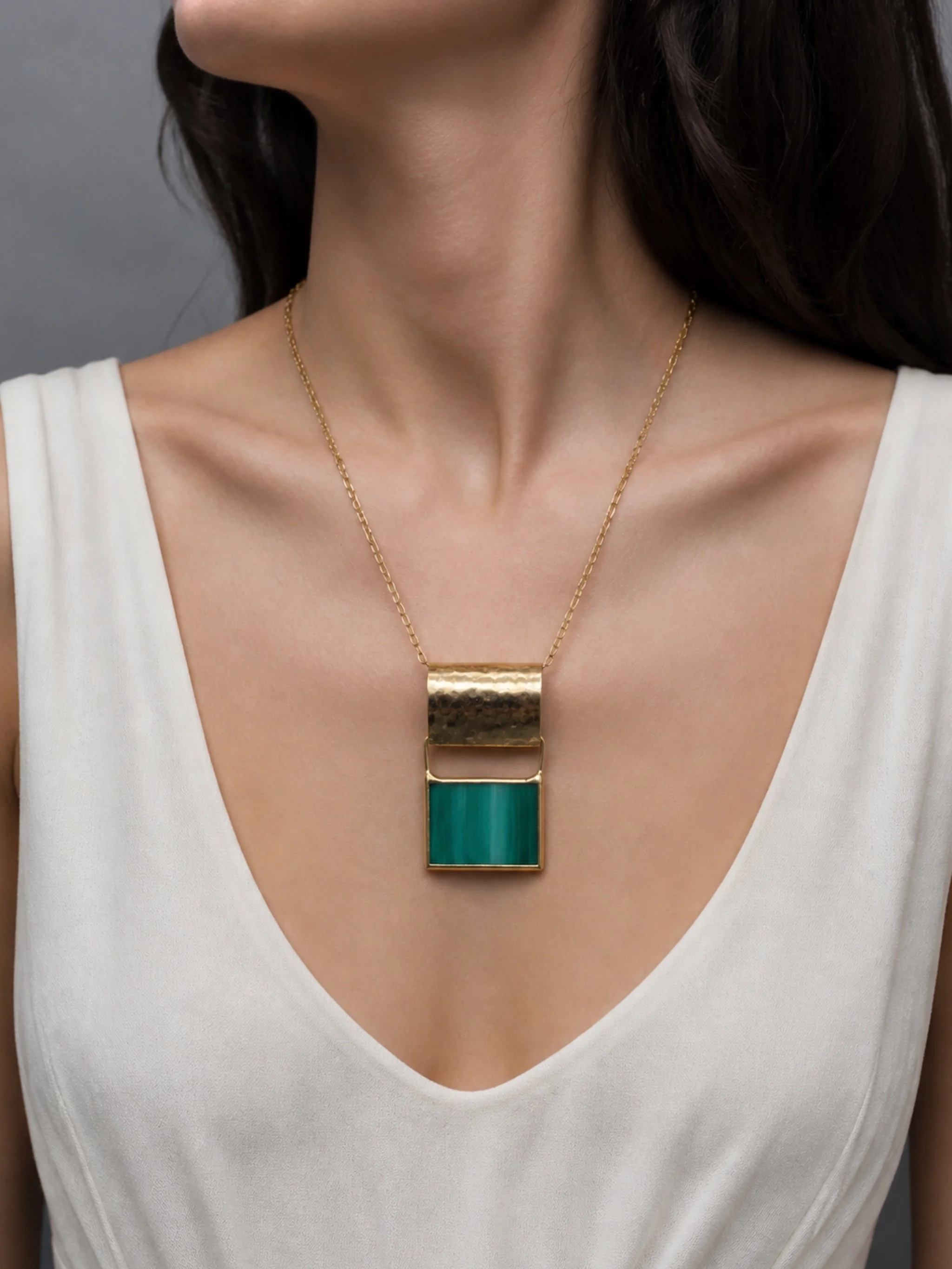 ‘70 Azzurro necklace by Anni Luce for Crepundia Gioielli Bologna, 18k yellow gold plated brass with blue Murano glass, geometric pendant