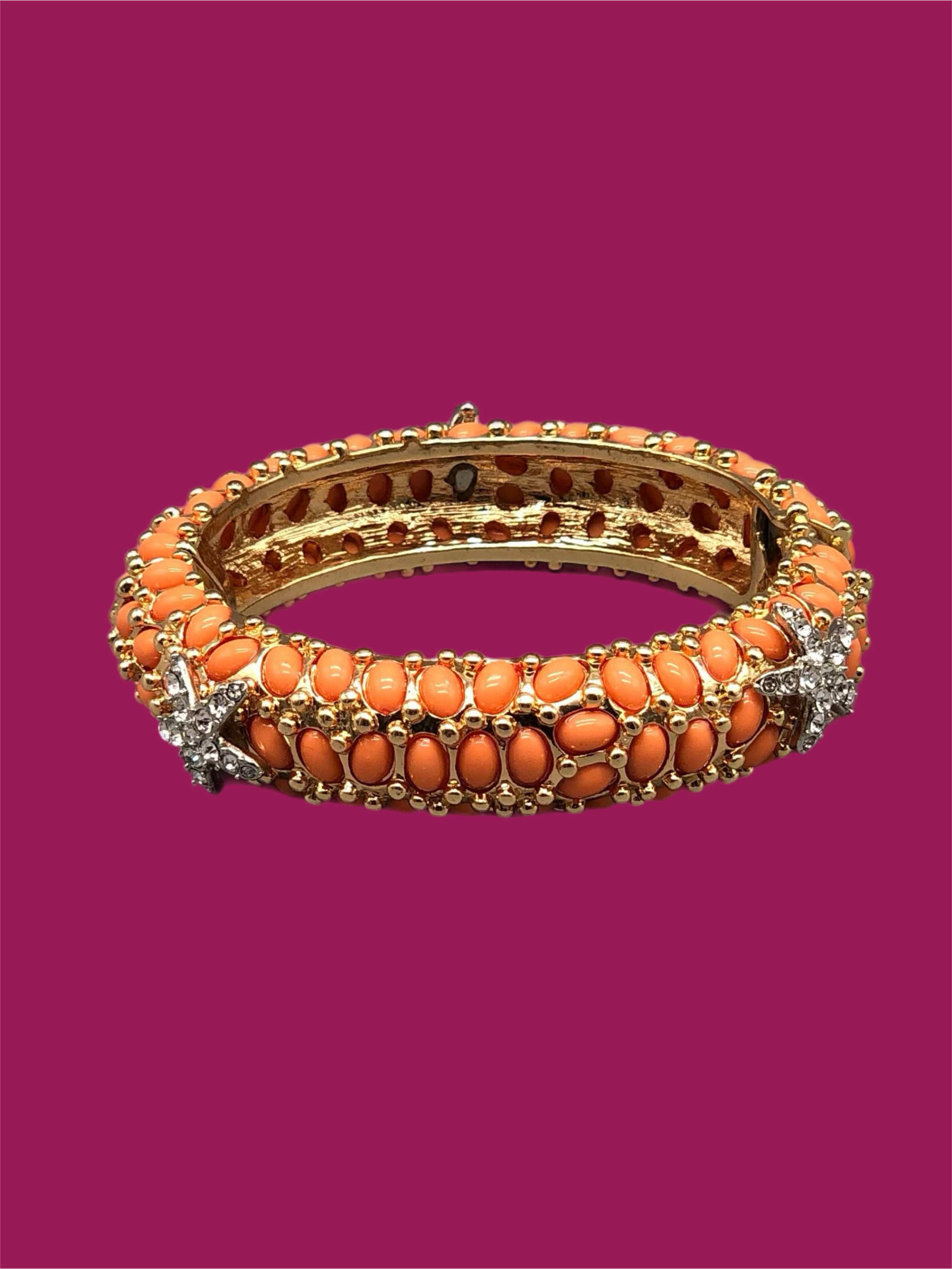 Kenneth Jay Lane gold-tone rigid bracelet with orange cabochons and crystal details, costume jewelry, Crepundia Gioielli Bologna