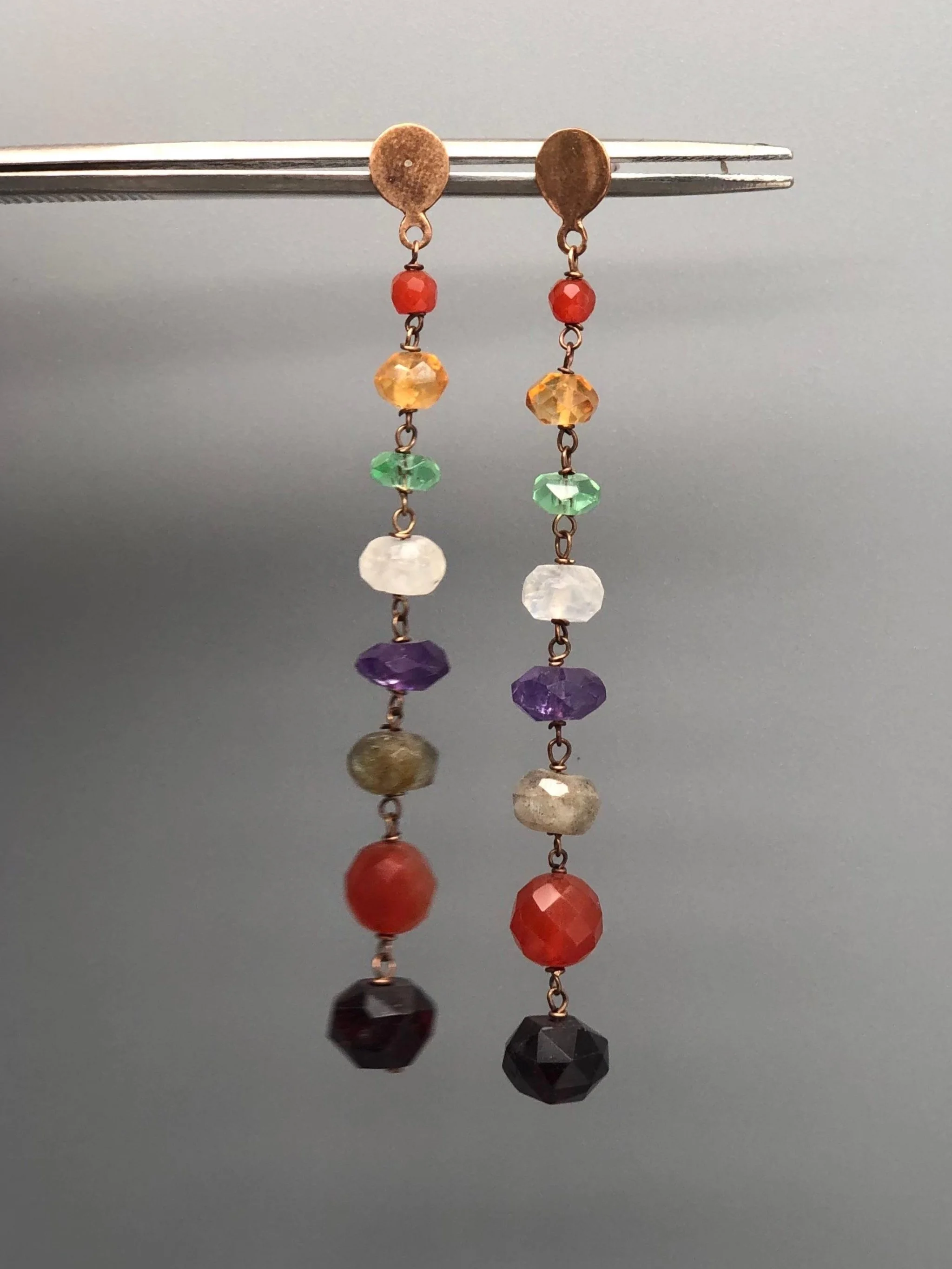 Still Drops 31 earrings by Crepundia Gioielli Bologna with bronze tops and multicolor natural gemstones including citrine, carnelian, amethyst, labradorite and garnet