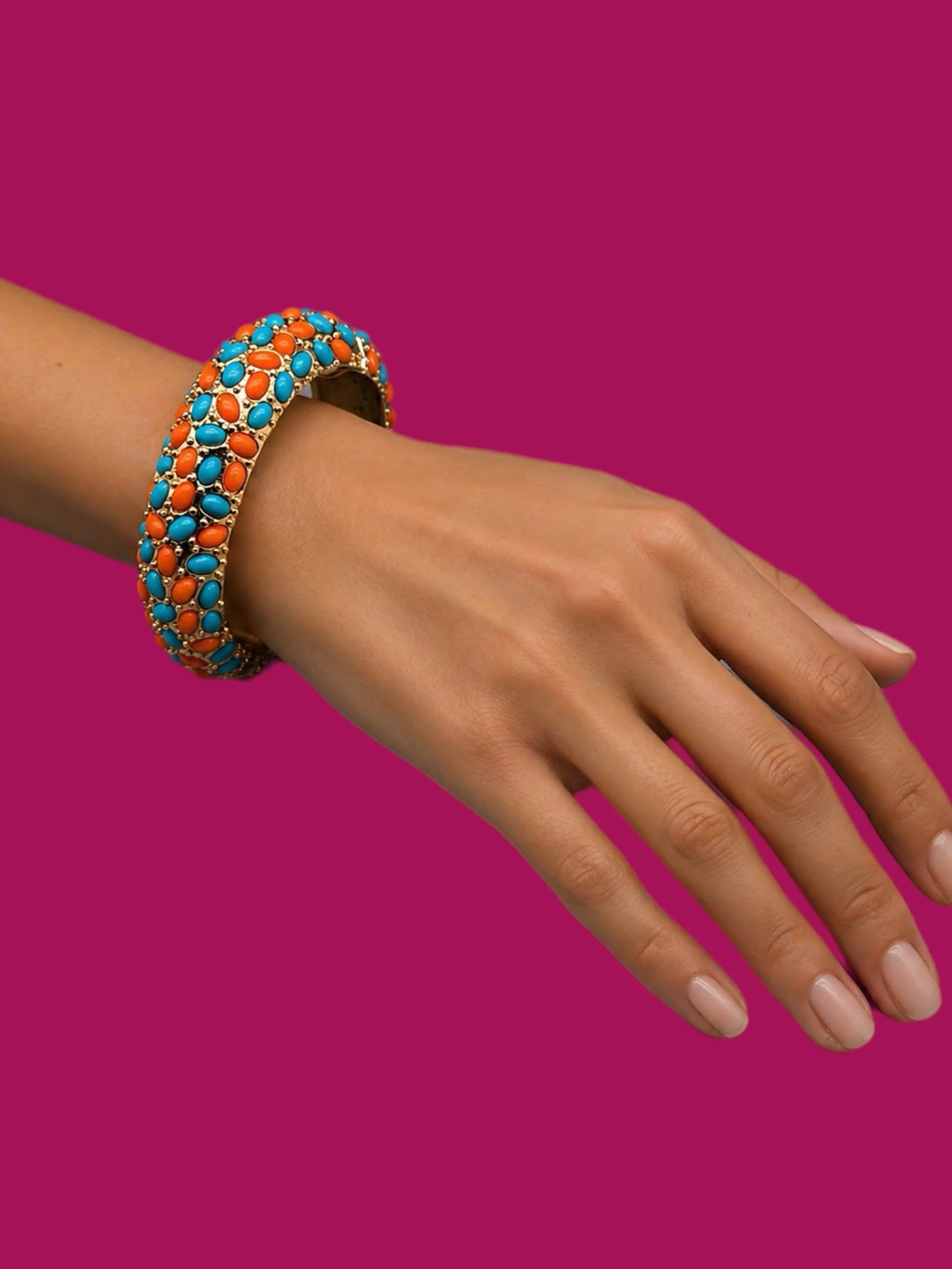 Kenneth Jay Lane costume jewelry bracelet with coral-effect elements and turquoise details, gold-tone rigid bracelet, Crepundia Gioielli Bologna