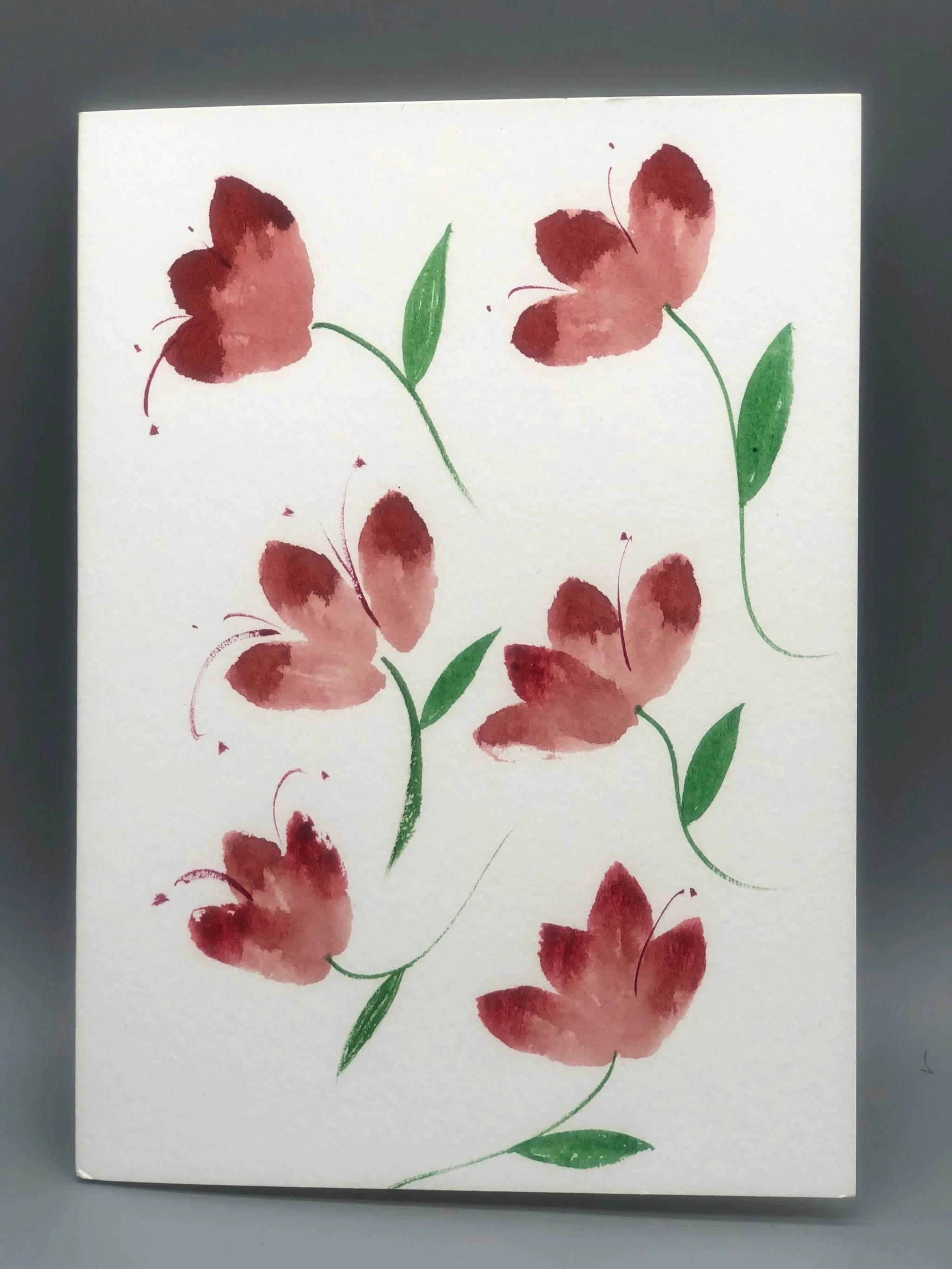 Pink Flowers Watercolor Card by Martina Catenacci for Crepundia Gioielli, folded greeting card with envelope and hand-painted pink watercolor flowers on fine art paper