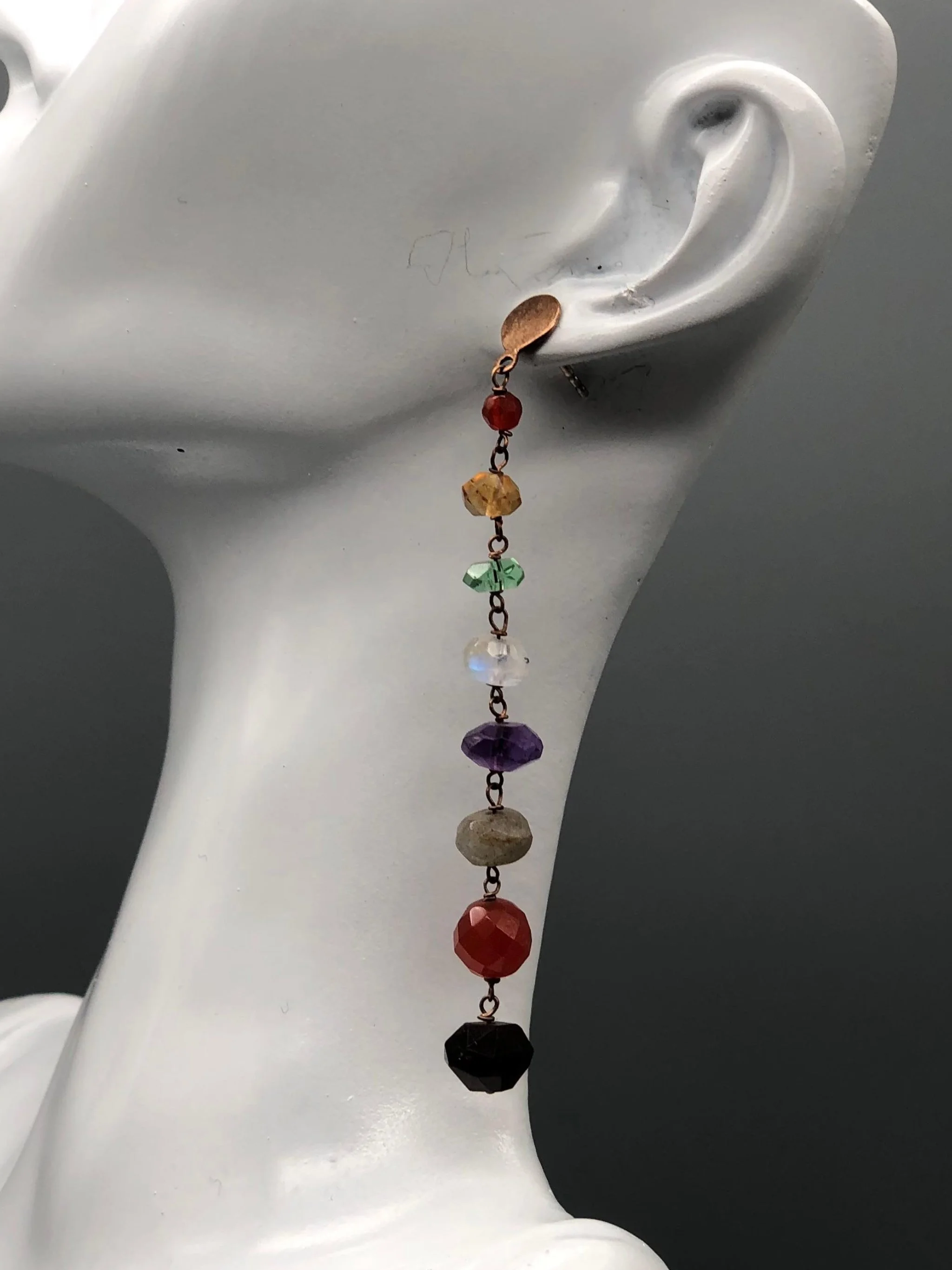 Still Drops 31 earrings by Crepundia Gioielli Bologna with bronze tops and multicolor natural gemstones including citrine, carnelian, amethyst, labradorite and garnet