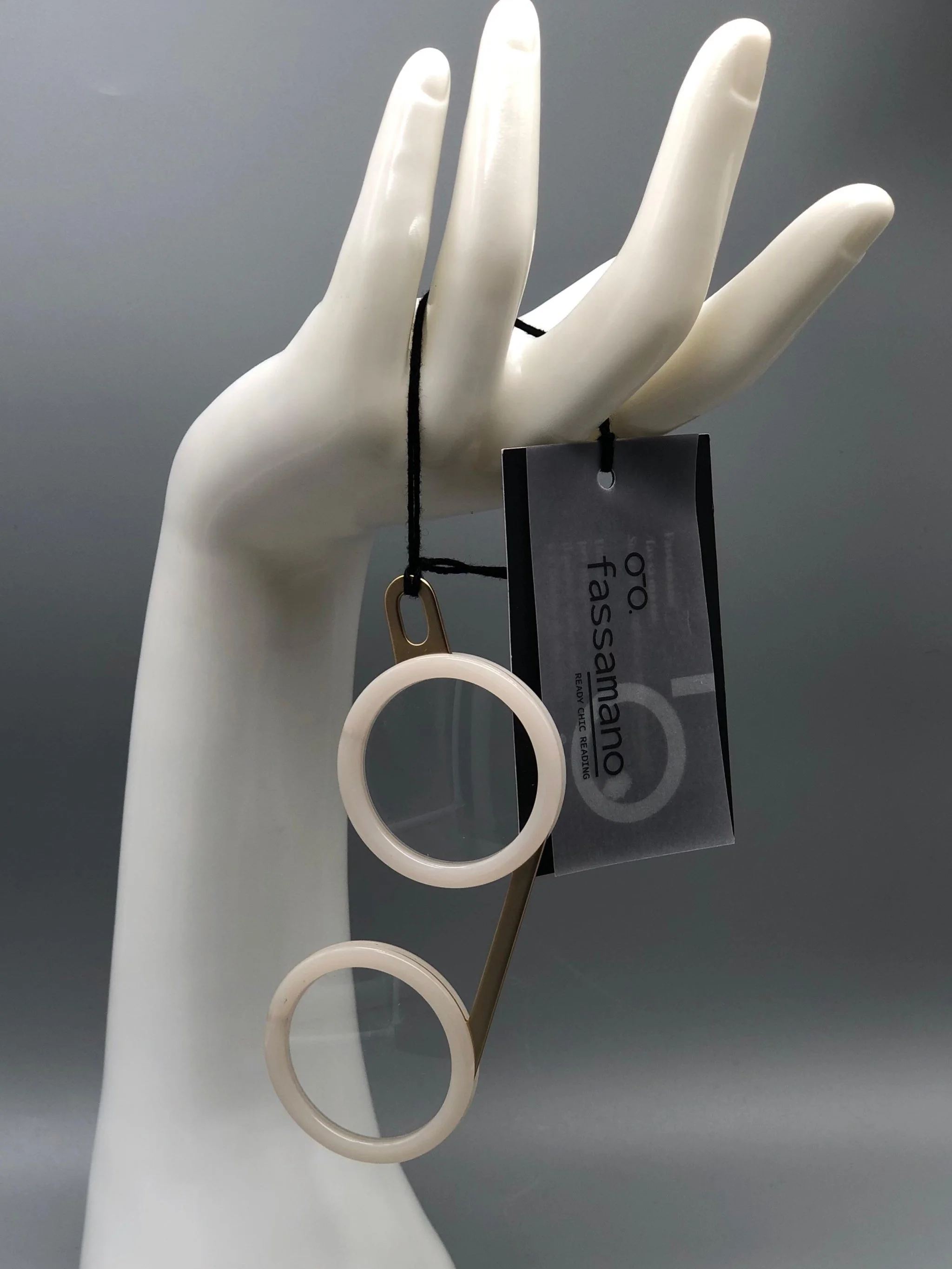 Occhiale da lettura Fassamano Bianco Caldo con metallo oro satinato, Crepundia Gioielli Bologna