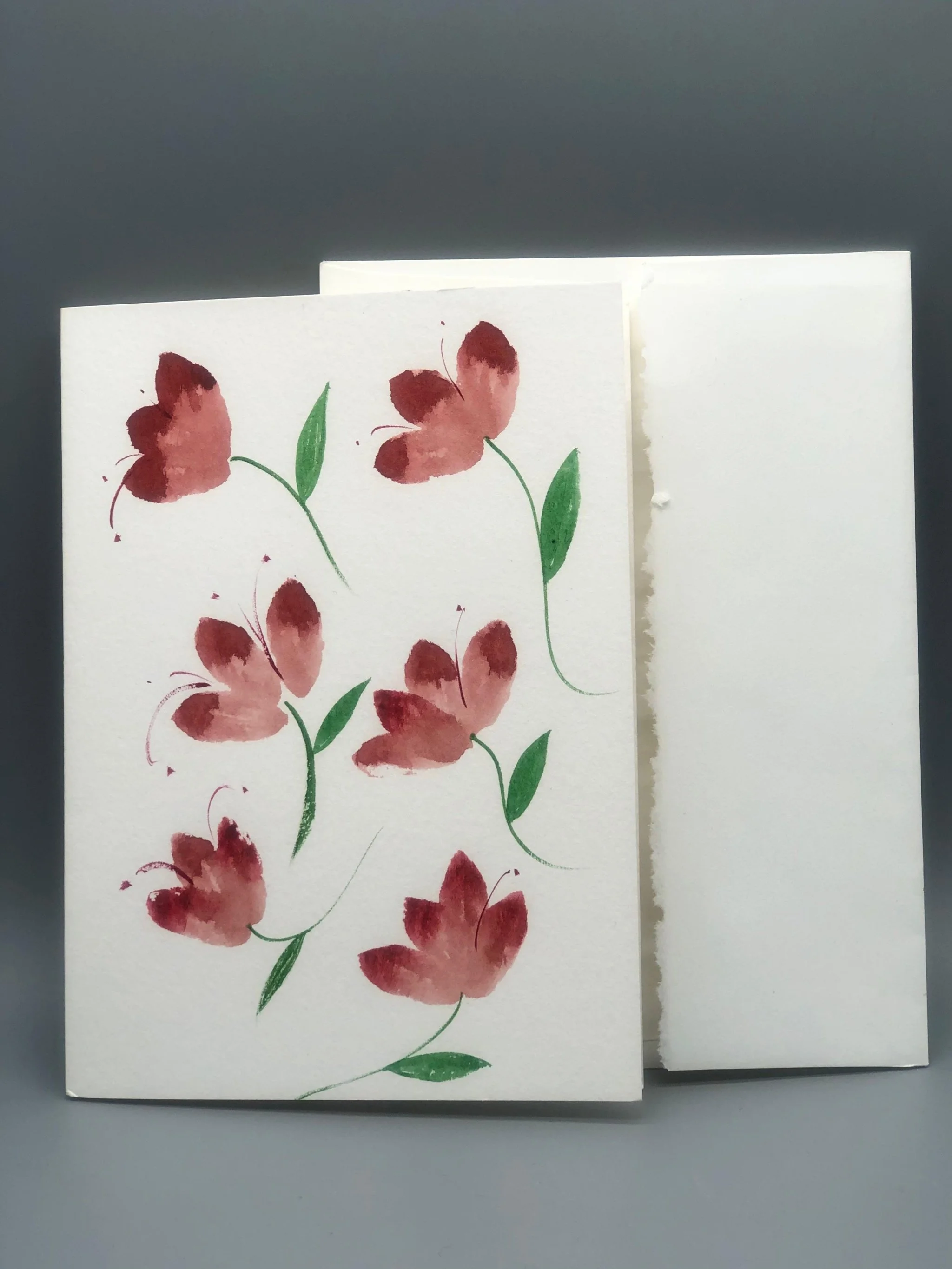 Pink Flowers Watercolor Card by Martina Catenacci for Crepundia Gioielli, folded greeting card with envelope and hand-painted pink watercolor flowers on fine art paper