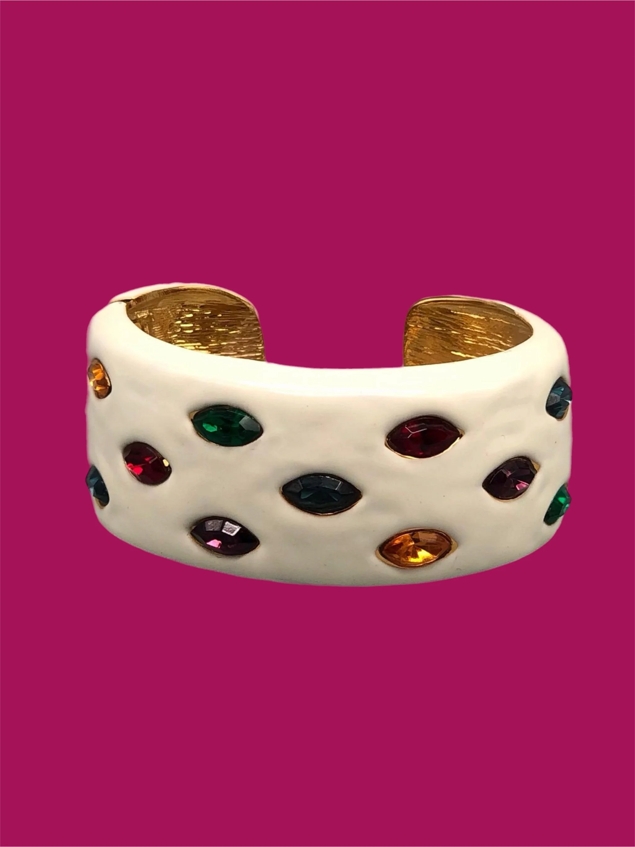 Kenneth Jay Lane costume jewelry bracelet with ivory enamel and multicolored crystals, gold-tone rigid bracelet, Crepundia Gioielli Bologna