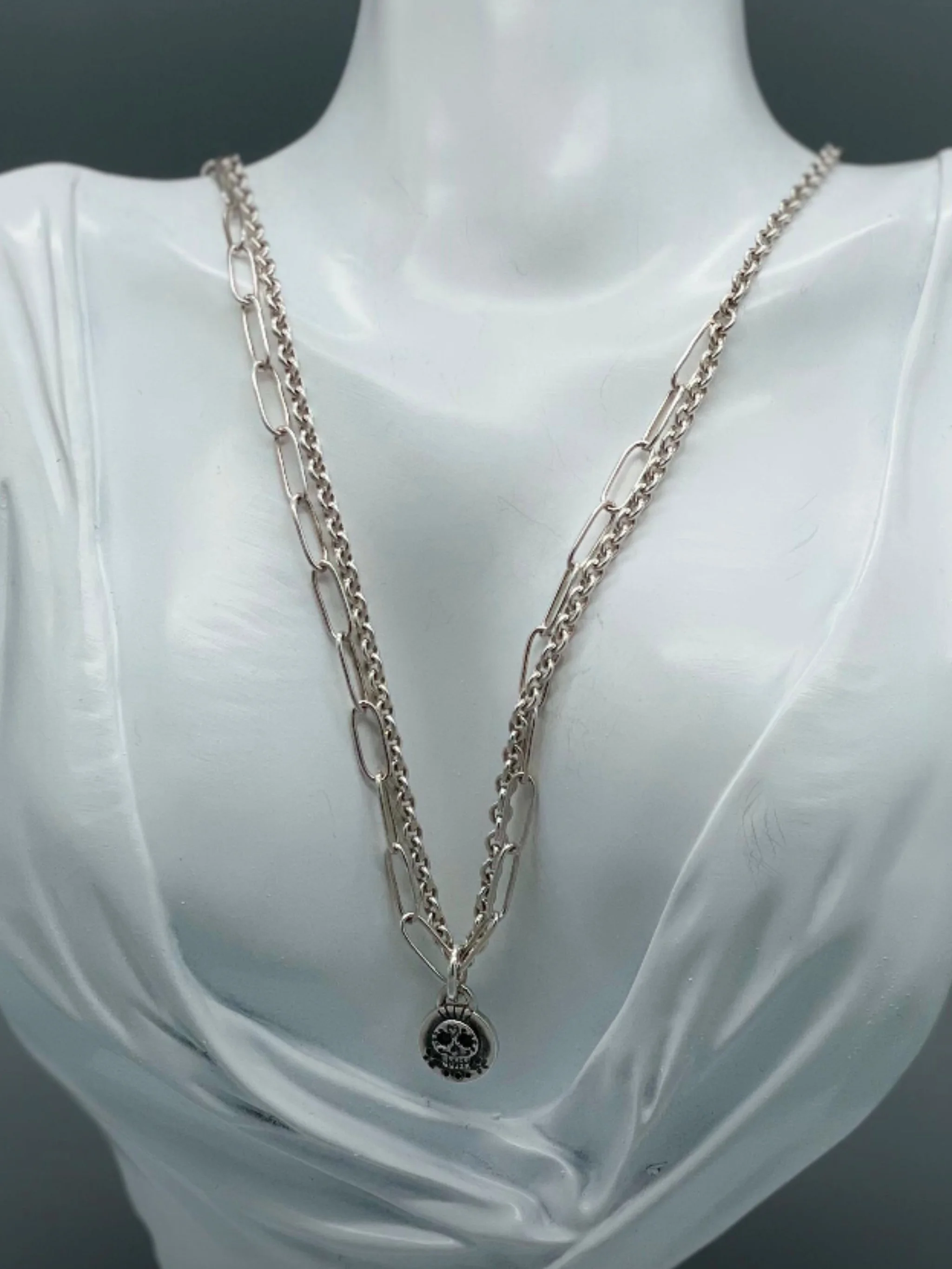 Sonja Markhoff Long Twin Chain necklace in sterling silver with Calavera pendant, layered contemporary necklace by Crepundia Gioielli Bologna