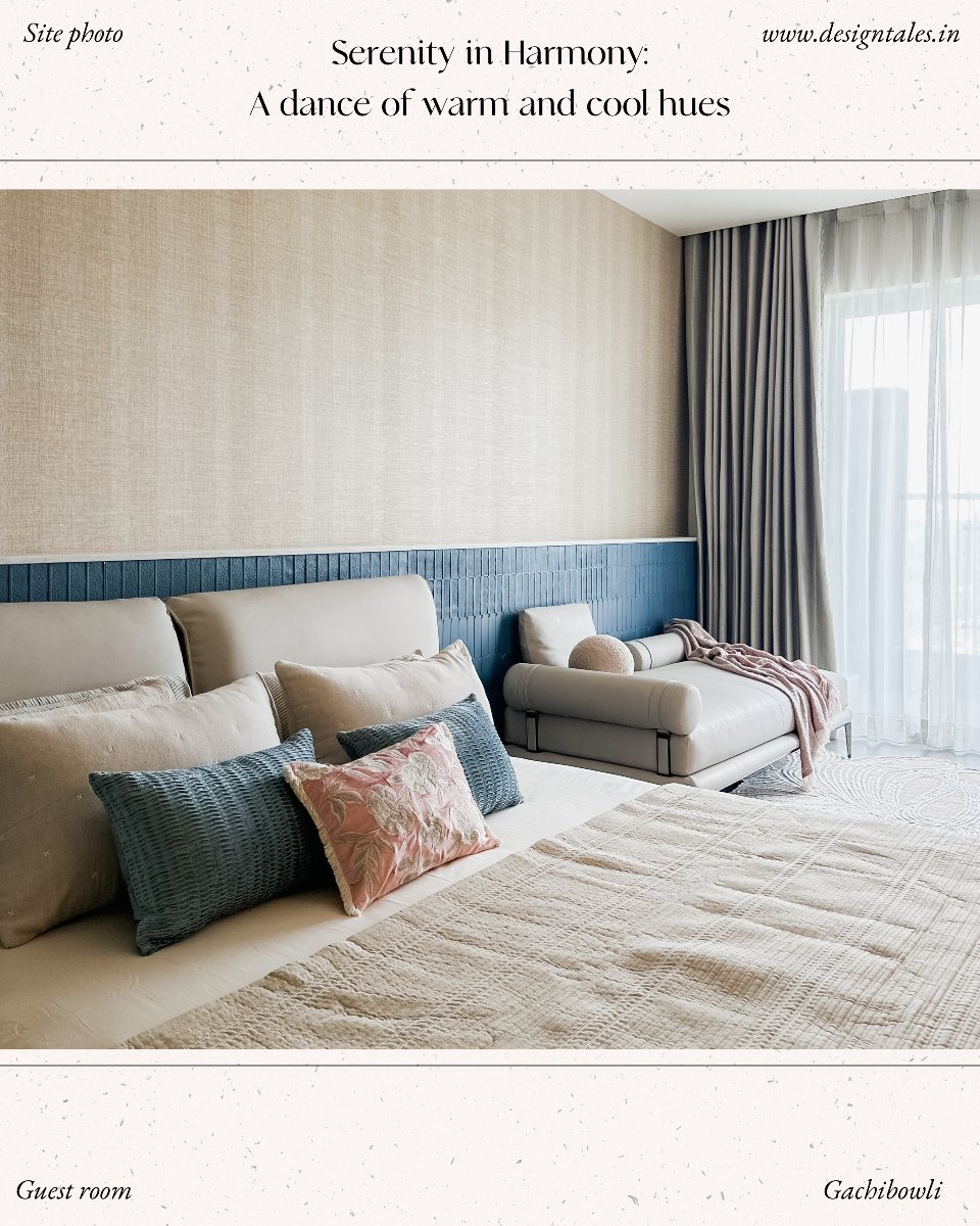 In this small bedroom, a horizontal visual line is created with the stark contrast between the cool blue tiles and the warm textured wallpaper. This draws attention to itself and creates an illusion of space. Soft neutrals and deep blues create a har