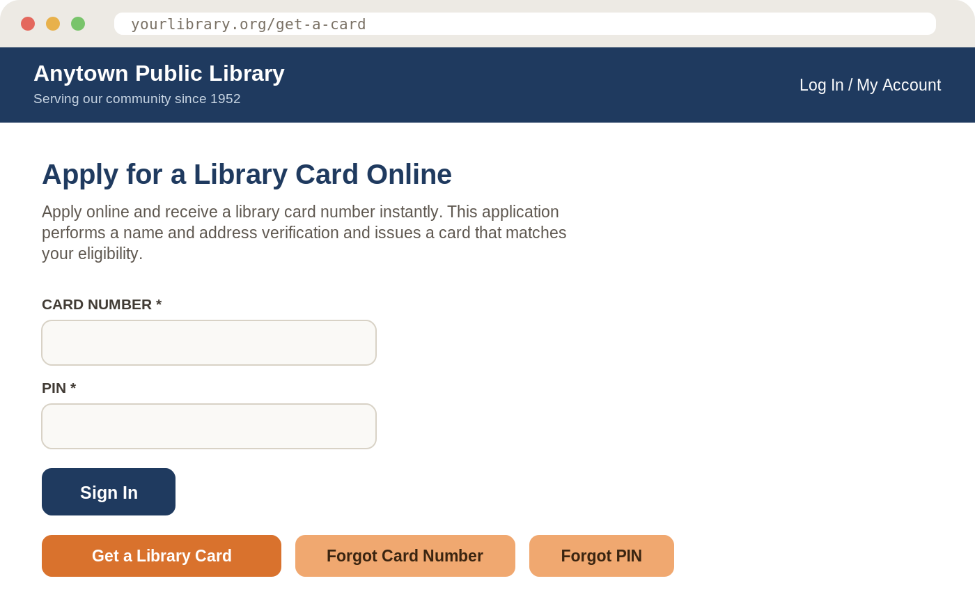 example of library card signup web browser landing page