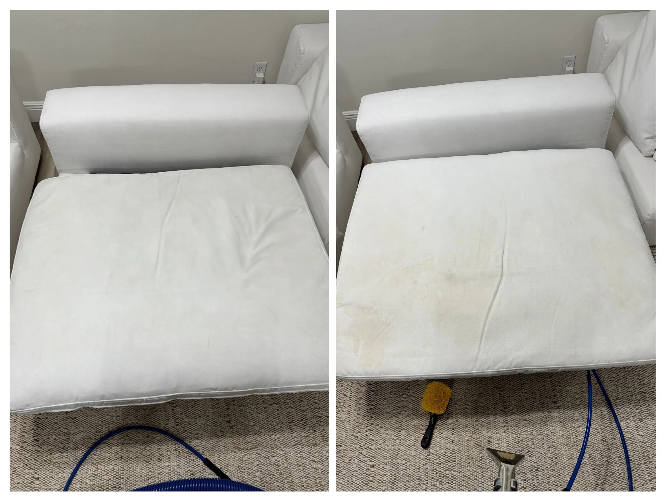 This before and after picture is of a white chair stained with Cheetos crumbs and the after picture is white