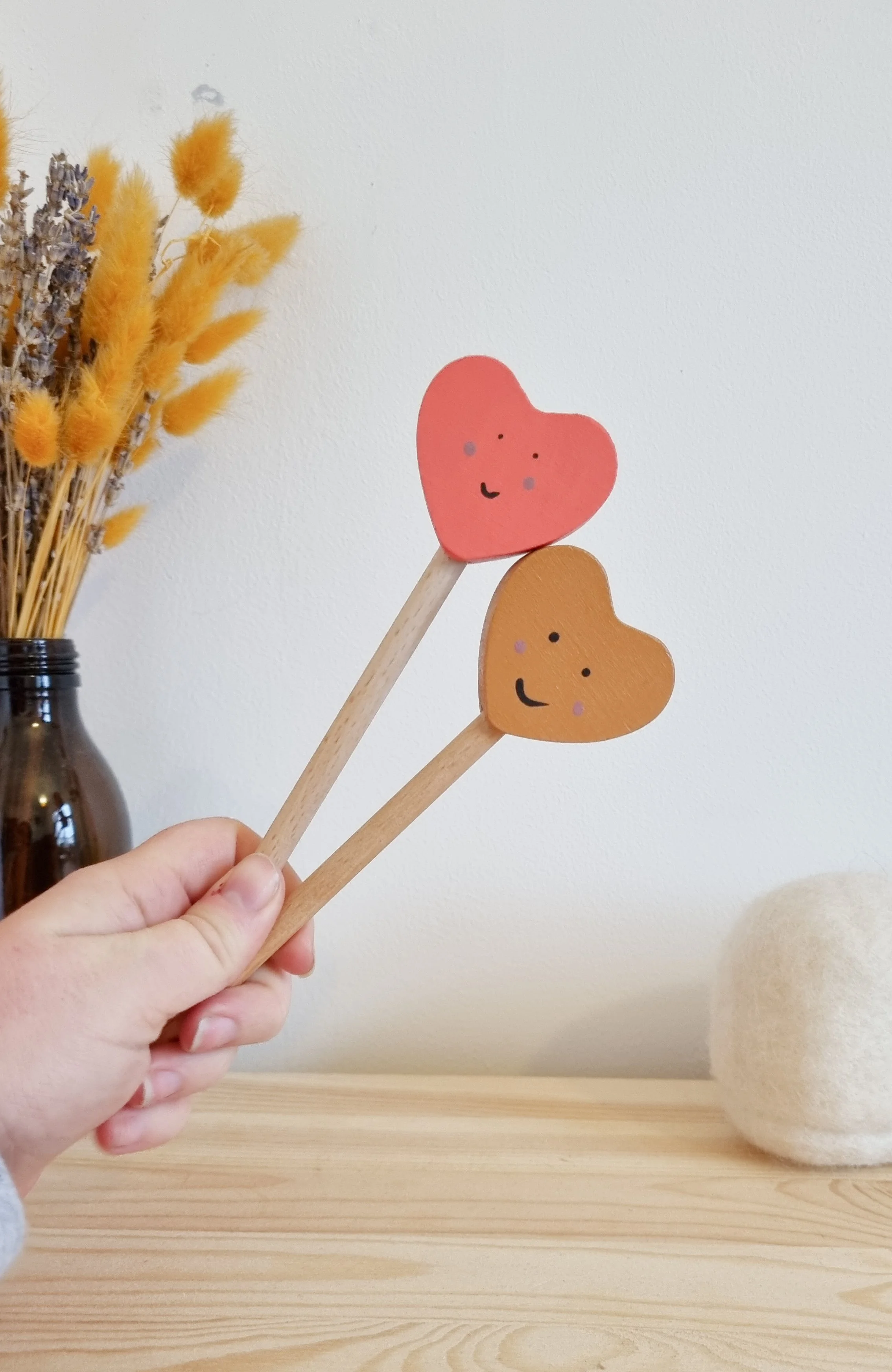 Hand painted wooden heart wands