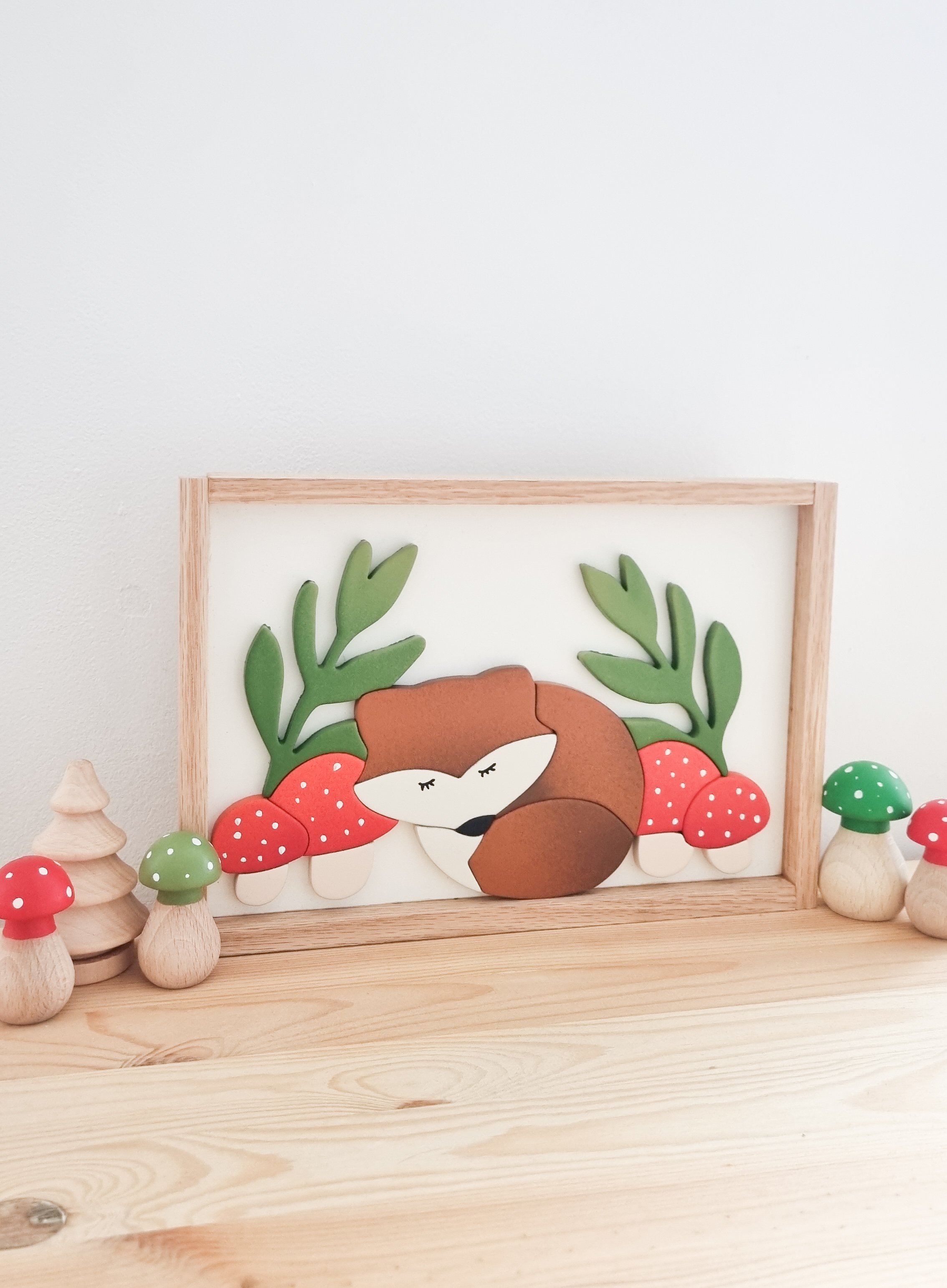 Sleeping woodland fox framed wall decor