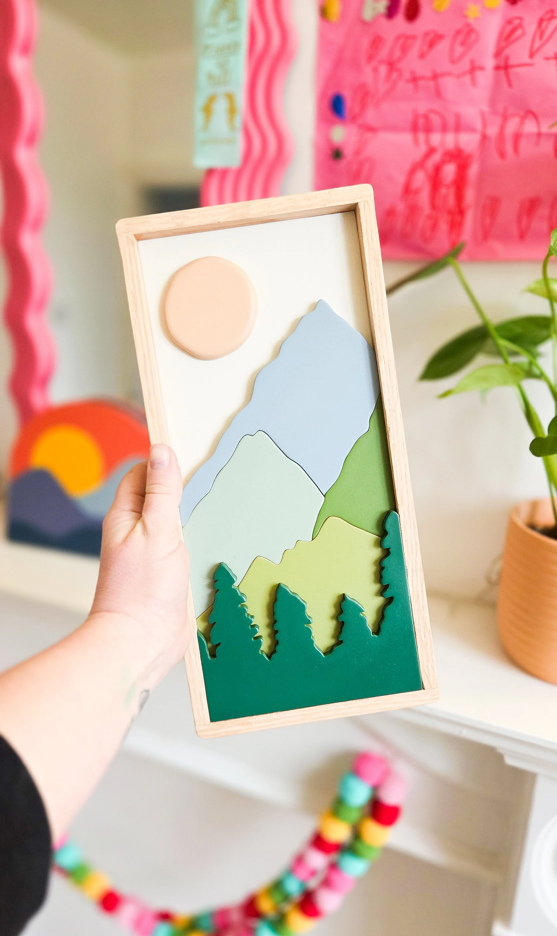 Mountains and forest framed wooden wall decor