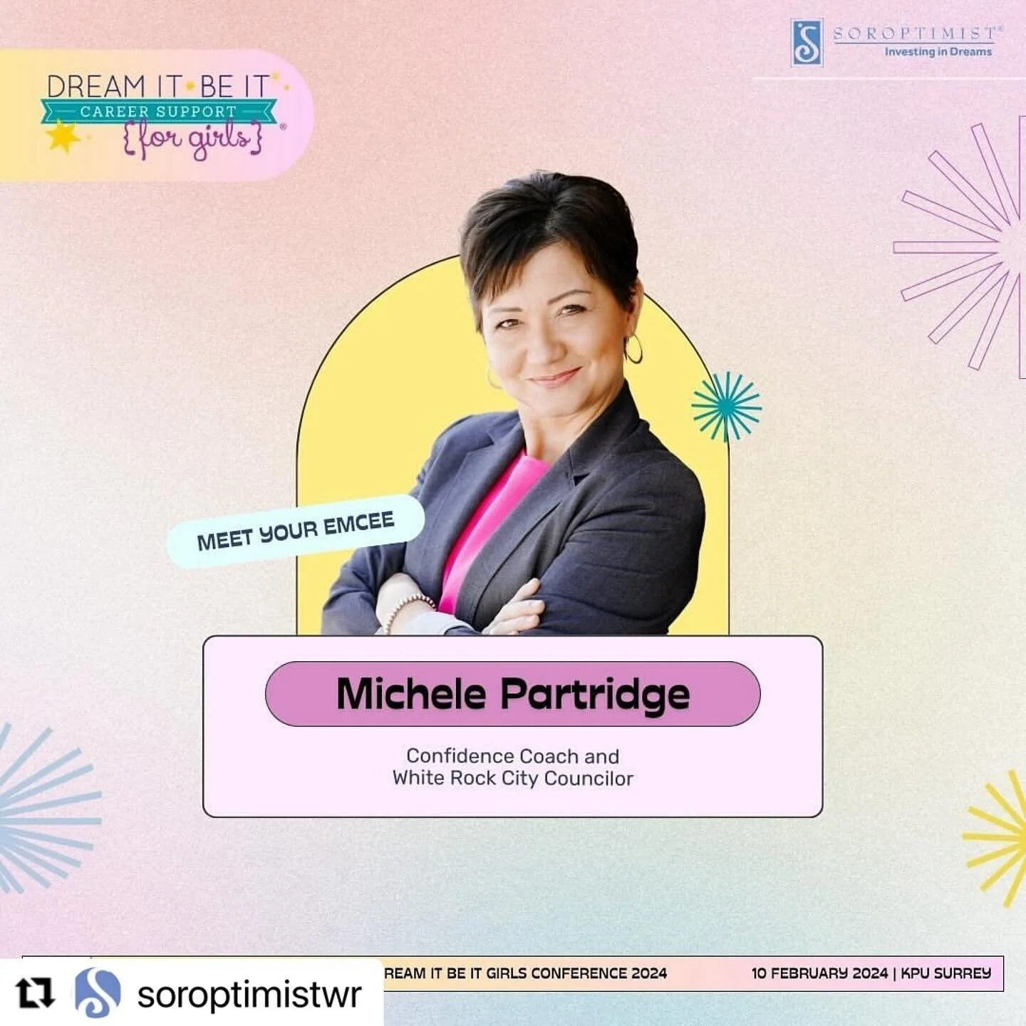 #Repost @soroptimistwr with @use.repost
・・・
Meet the vibrant Michele Partridge, our extraordinary co-emcee for #DIBI2024 Career Fair. 

Michele Partridge was elected to White Rock City Council in 2022. She is an award-winning local business owner, ac