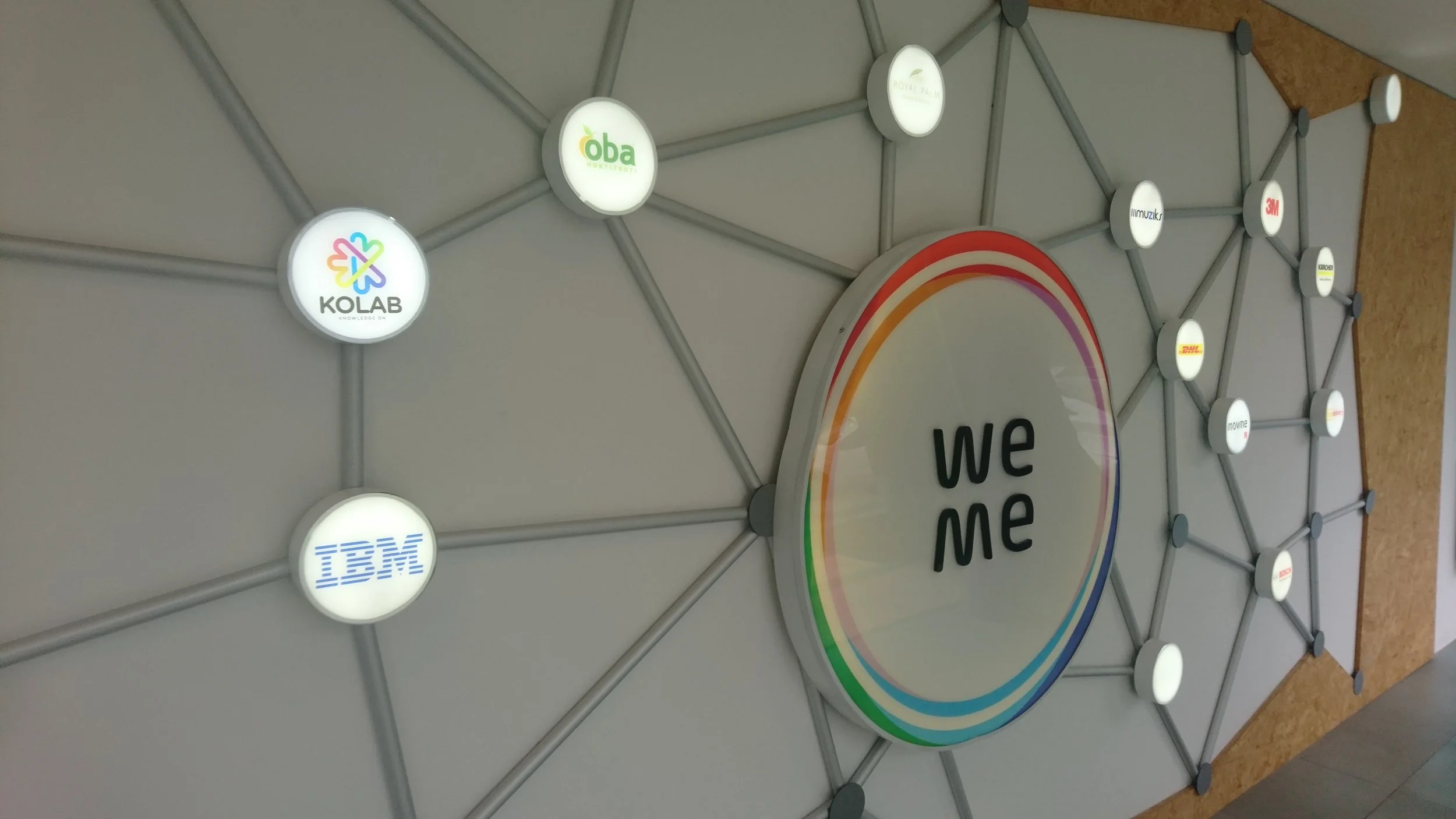 Wall display with interconnected circular logos of various companies around a central colorful logo that says "we me."