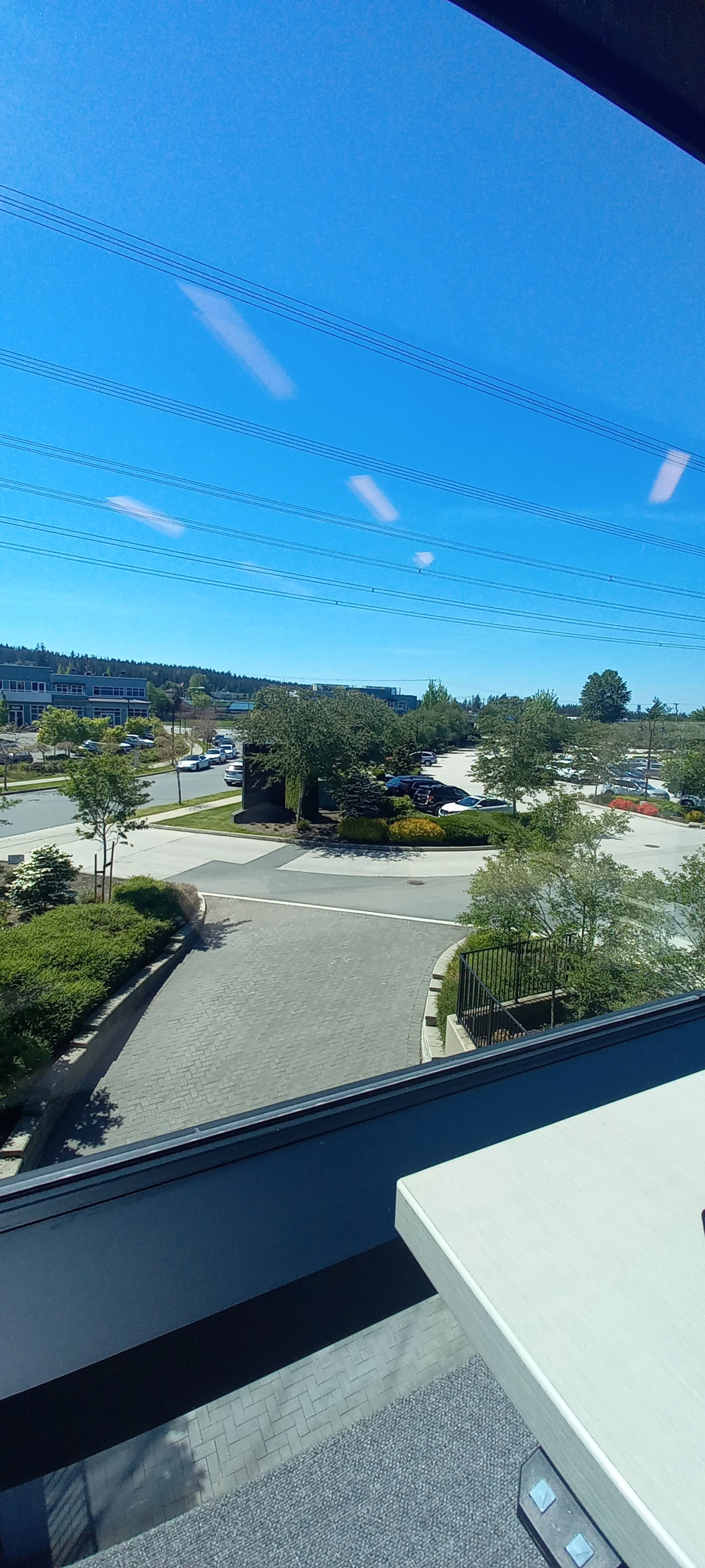 Outside view through a window showing a parking lot with several cars, surrounded by greenery and buildings, under a bright blue sky with power lines.
