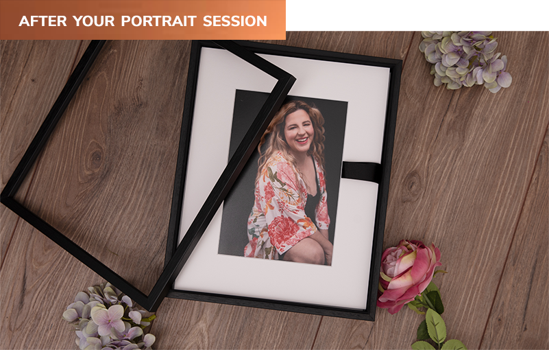 Image of printed photos of a blond woman's portrait (wearing a floral kimono and laughing at the camera) sitting in a display box on the floor with flowers scattered around. title reads: After your Portrait Session