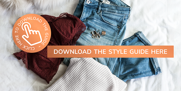 image of clothes on a bed (blue jeans, ribbed jumper and bra) with a "button" over the top saying click here to download the guide; title banner across image reads: download the style guide here
