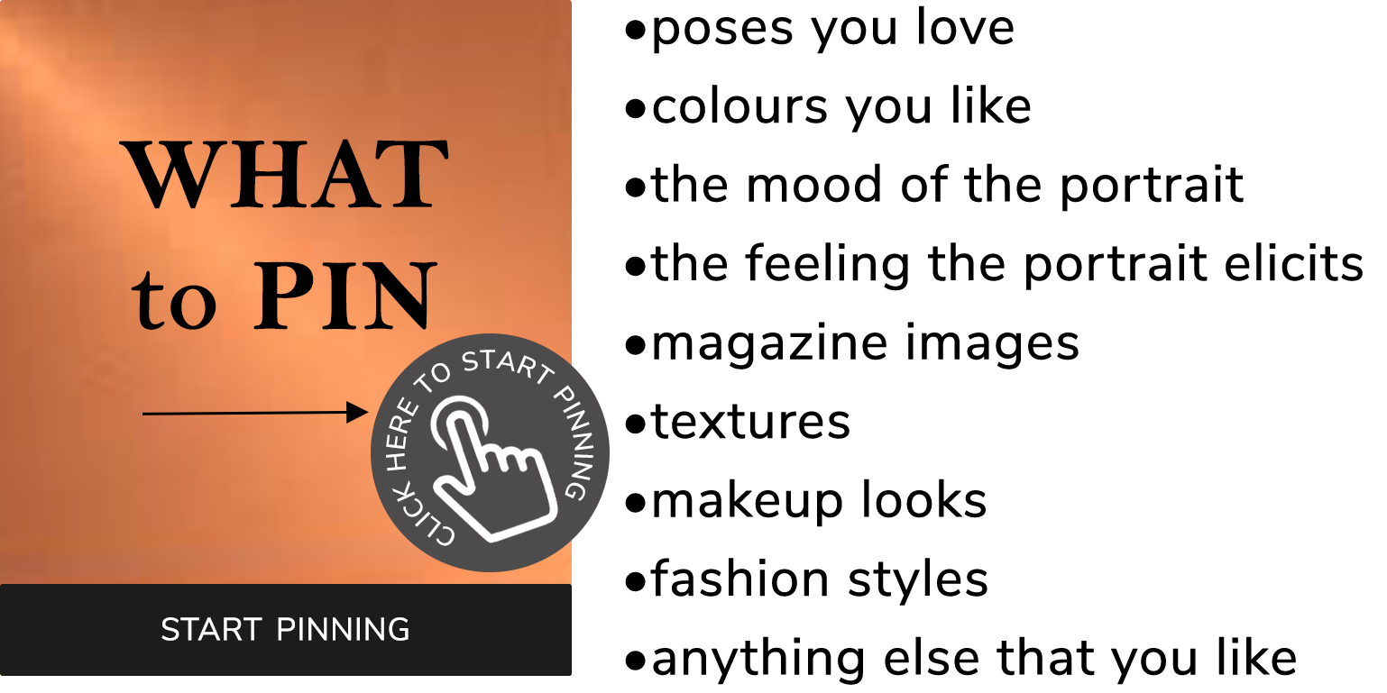 One side says What to Pin, start pinning now with a "click here to start pinning" spot. on the right is a list of things to pin to help design  a portrait experience with Amelia McLeod Photography