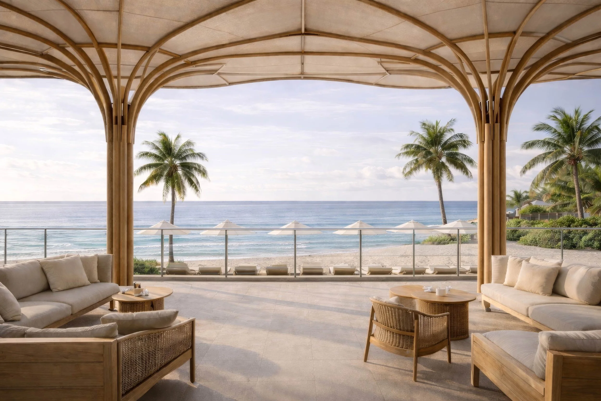 Aménagement du lounge de plage de l’Auberge de la Vieille Tour, hôtel 4★ en Guadeloupe, par 91STUDIO : architecture balnéaire élégante et ouverte sur la mer