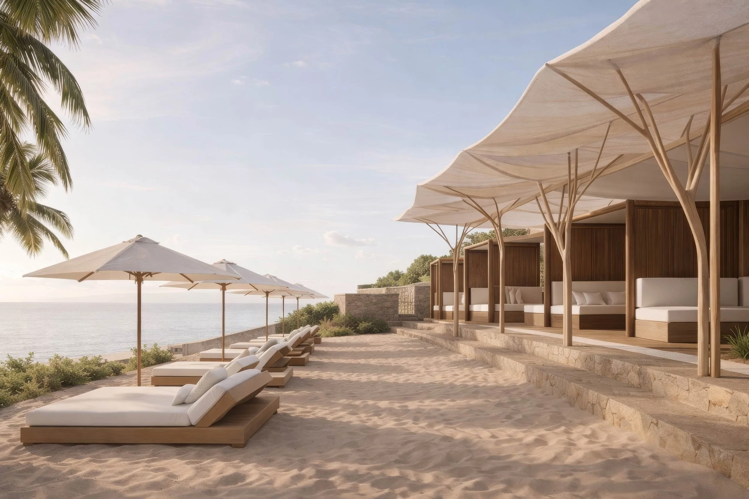 Aménagement de la plage de l’Auberge de la Vieille Tour, hôtel 4★ en Guadeloupe, par 91STUDIO : architecture balnéaire contemporaine et intégrée.