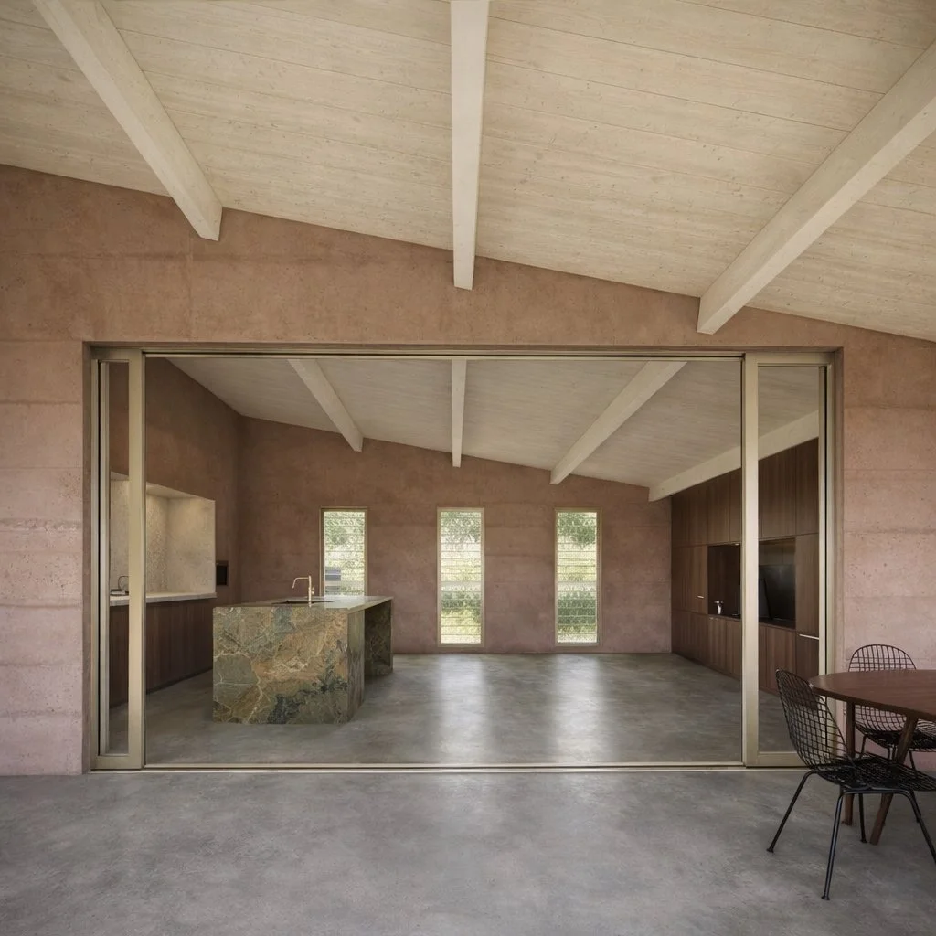 Intérieur d'une maison moderne avec grande ouverture permettant de voir la cuisine avec un plan de travail en pierre naturelle et un espace salon vide, murs en rose pâle et plafond à poutres blanches, avec deux fenêtres rectangulaires au fond et un coin repas avec une table et des chaises en métal.
