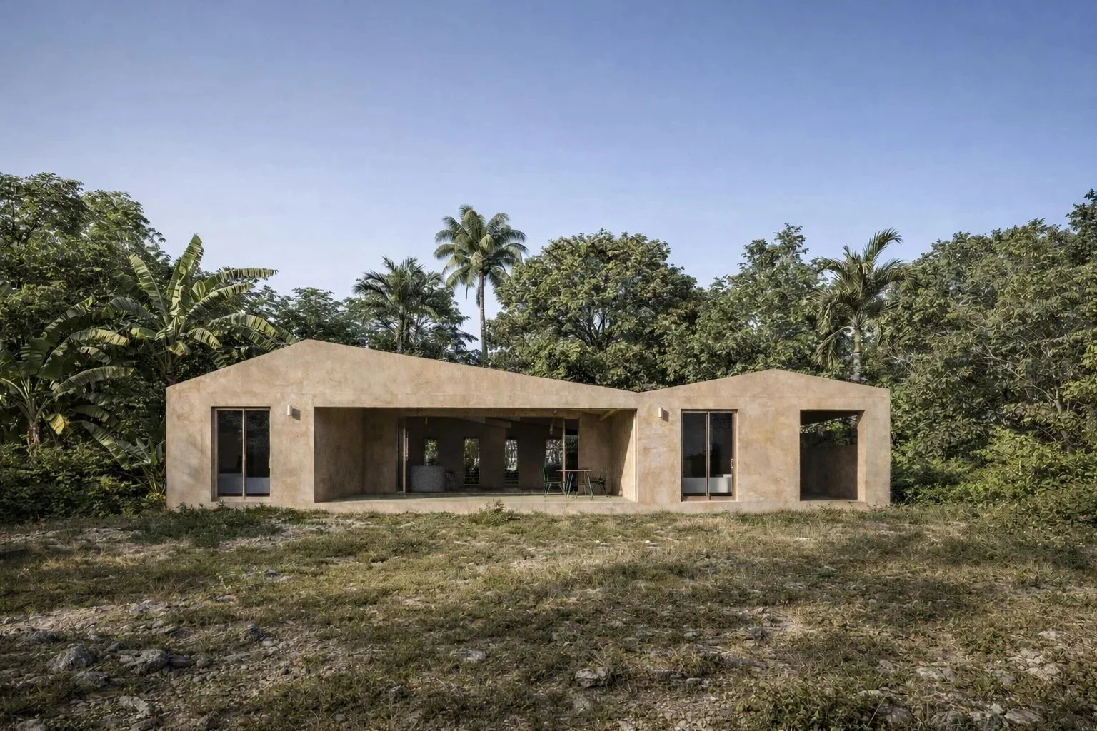 Une maison moderne en béton beige, avec de grandes fenêtres, située dans un environnement verdoyant avec des arbres tropicaux en arrière-plan.
