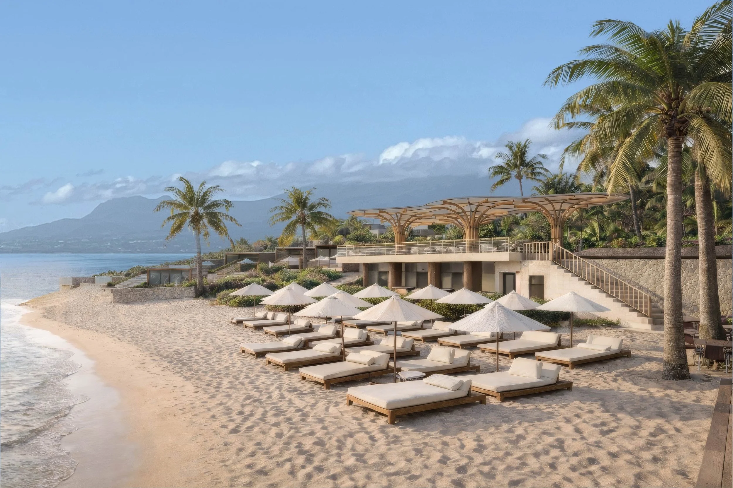 Aménagement du lounge de plage de l’Auberge de la Vieille Tour, hôtel 4★ en Guadeloupe, par 91STUDIO : architecture balnéaire élégante et ouverte sur la mer