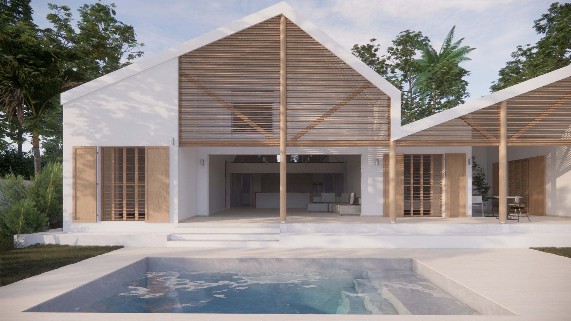 Vue d'ensemble de la villa avec ses trois volumes à toiture double pente. Structure bois en V, claustra horizontaux et volets persiennés. Piscine rectangulaire intégrée au jardin tropical.