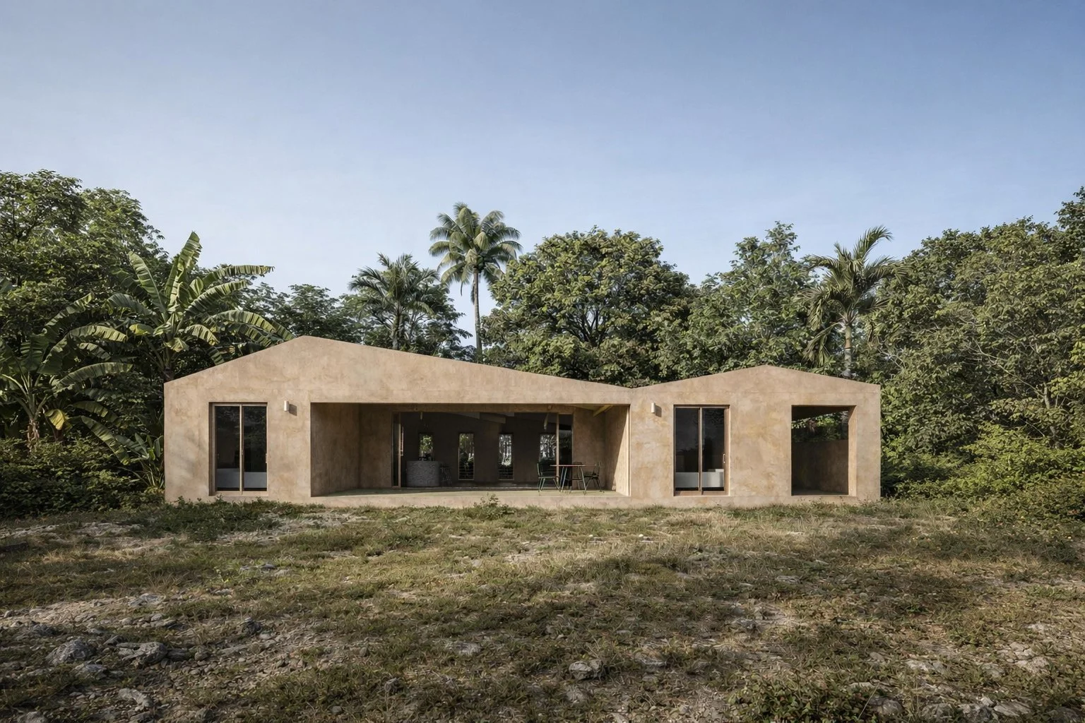 Maison moderne en béton avec un porche central, entourée de végétation tropicale.