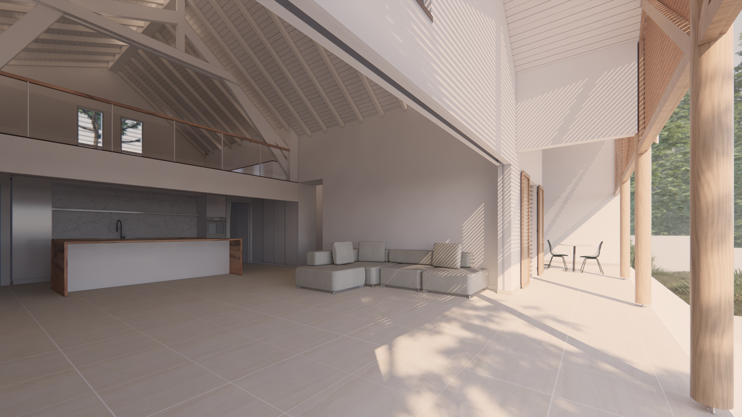 Espace de vie en double hauteur sous charpente apparente blanche. Cuisine ouverte avec îlot, mezzanine avec garde-corps verre. Jeux d'ombre des claustra sur les murs.