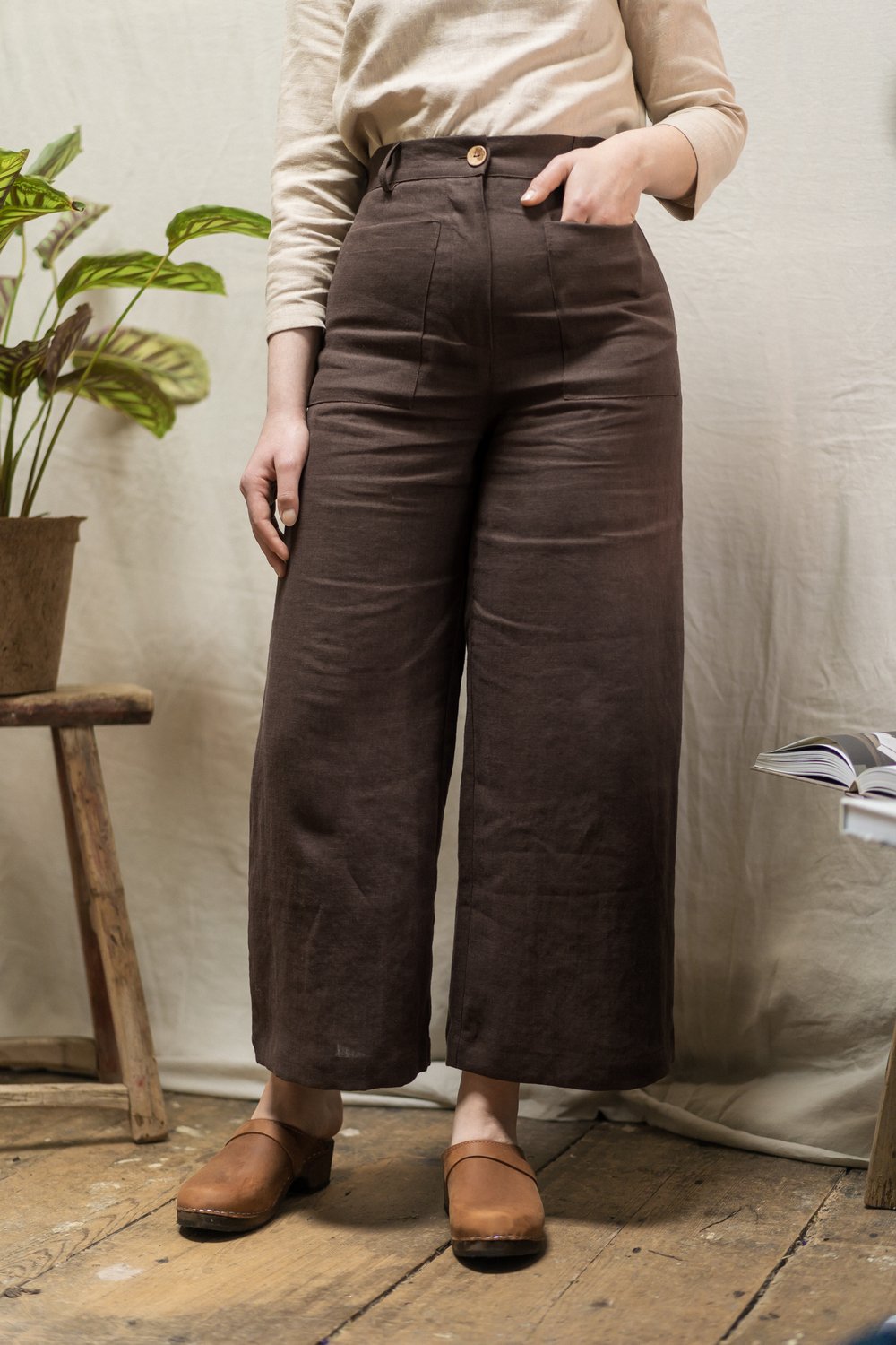 High Waisted Brown Linen Trousers — CRAFTMONGERS