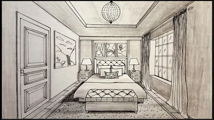 A detailed sketch of a bedroom showing a bed with pillows, nightstands with lamps on each side, a window with curtains, artwork on the wall, and a ceiling light fixture.