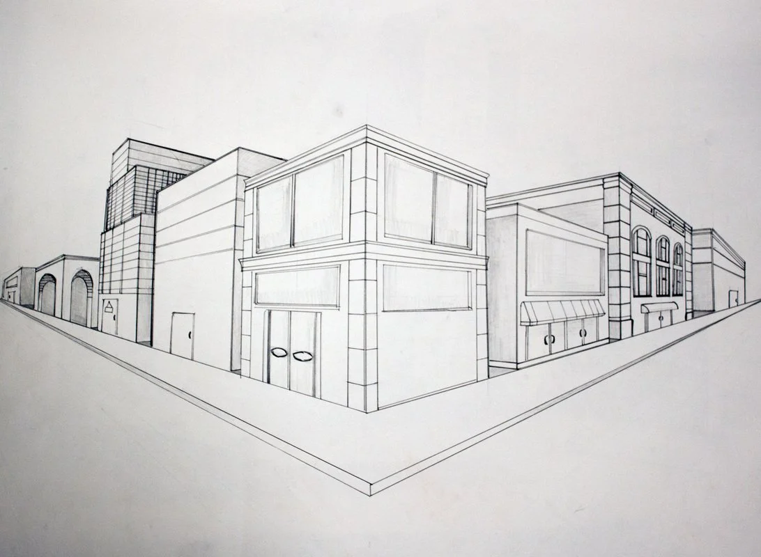 A black and white line drawing of a city street corner with several buildings, including storefronts with awnings, large windows, and an archway, viewed from an angled perspective.