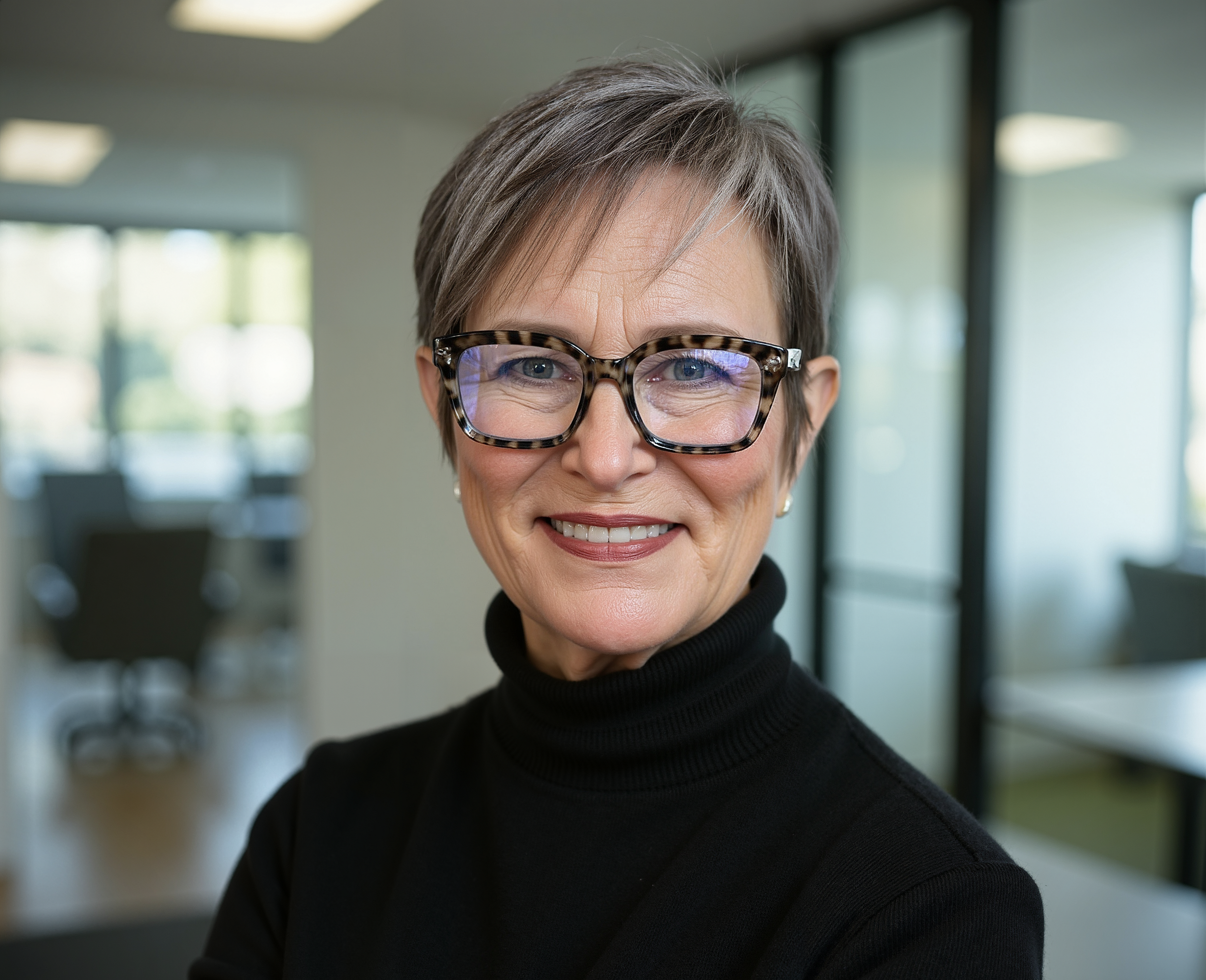 Close-up of a smiling middle-aged woman with short gray hair, wearing large tortoiseshell glasses and a black turtleneck in a modern office setting.