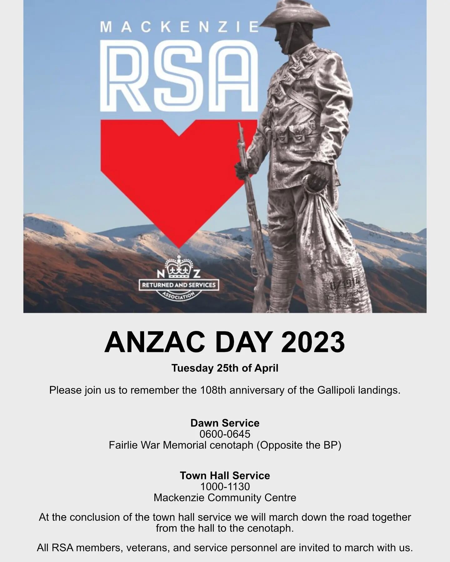 ANZAC Day 2023 details.

More details available at:
www.mackenziersa.co.nz