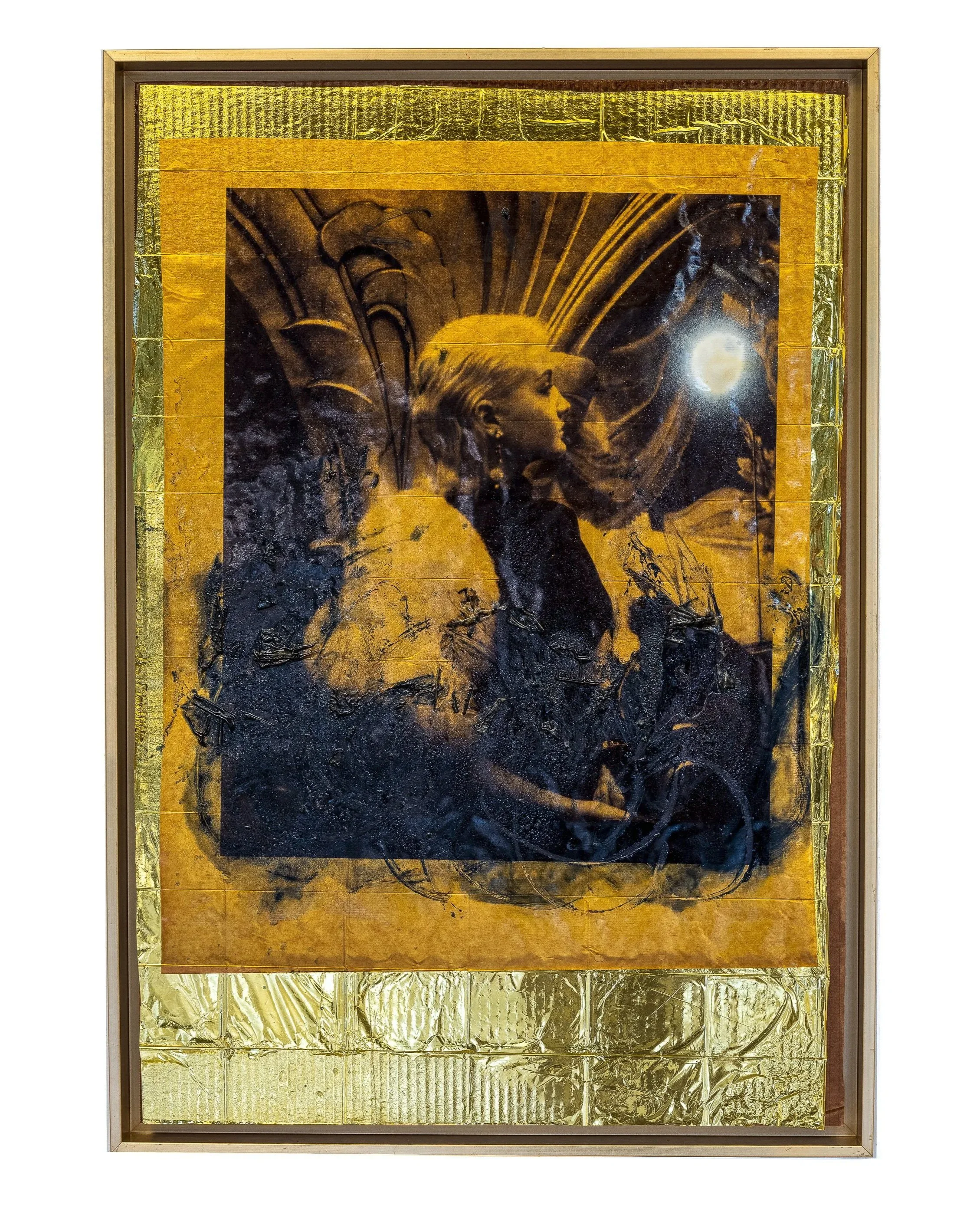   Young Beauty , 2021 
 Oil paint, linseed oil, gold foil, kraft paper, cardboard
 24" x 37” inches (61 x 94 cm)