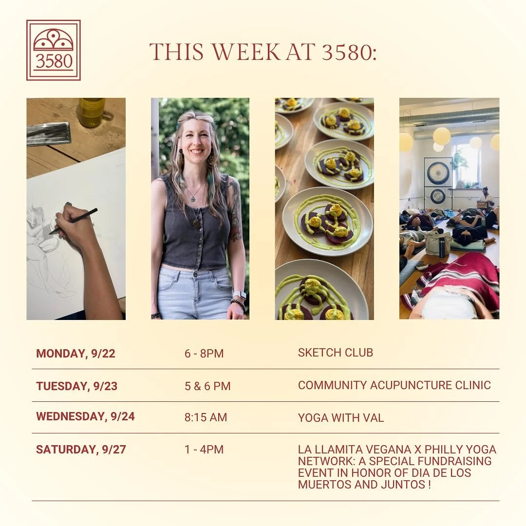 Good things coming up this week and into the weekend!

Monday, 9/22 | 6&ndash;8PM &ndash; Sketch Club
Tuesday, 9/23 | 5 &amp; 6PM &ndash; Community Acupuncture Clinic
Wednesday, 9/24 | 8:15AM &ndash; Yoga with Val
Saturday, 9/27 | 5:30-8:30PM &ndash;