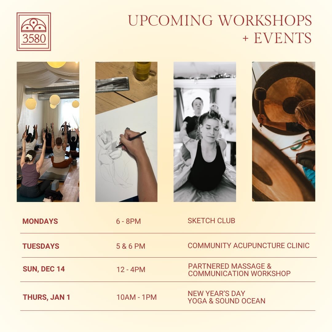 Take a moment for yourself during these crazy next few weeks! We&rsquo;ve got weekly offerings as well as a few events to slow down and begin the year with presence. Links and more info in our bio!

Sun, 12/14 | 12-4 PM &ndash; Partnered Massage with