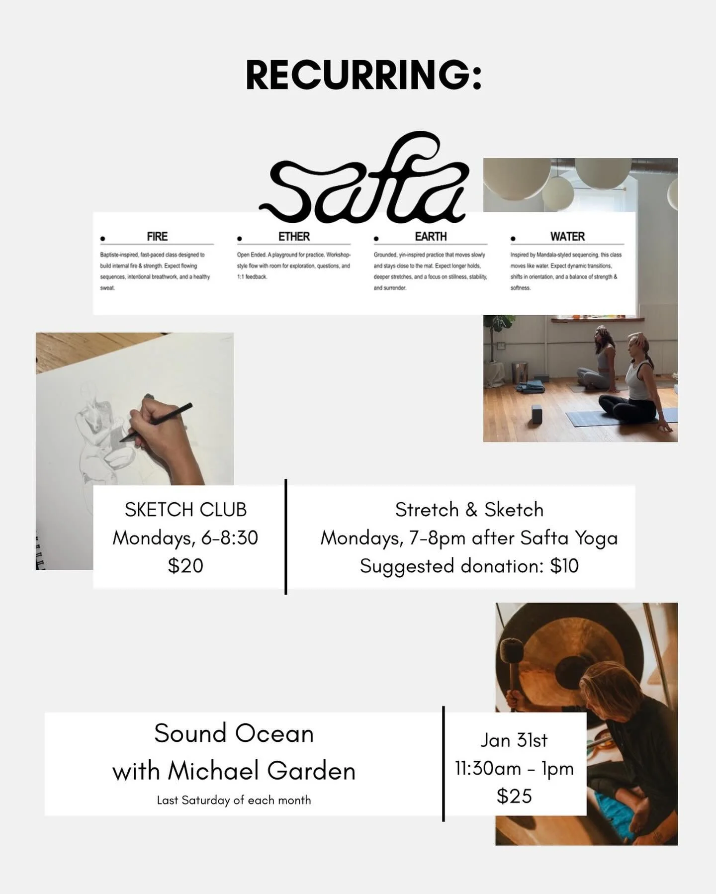 In addition to workshops and events, we have weekly and monthly recurring classes, including Sketch Club + Stretch &amp; Sketch, weekly Safta classes, and monthly Sound Ocean!