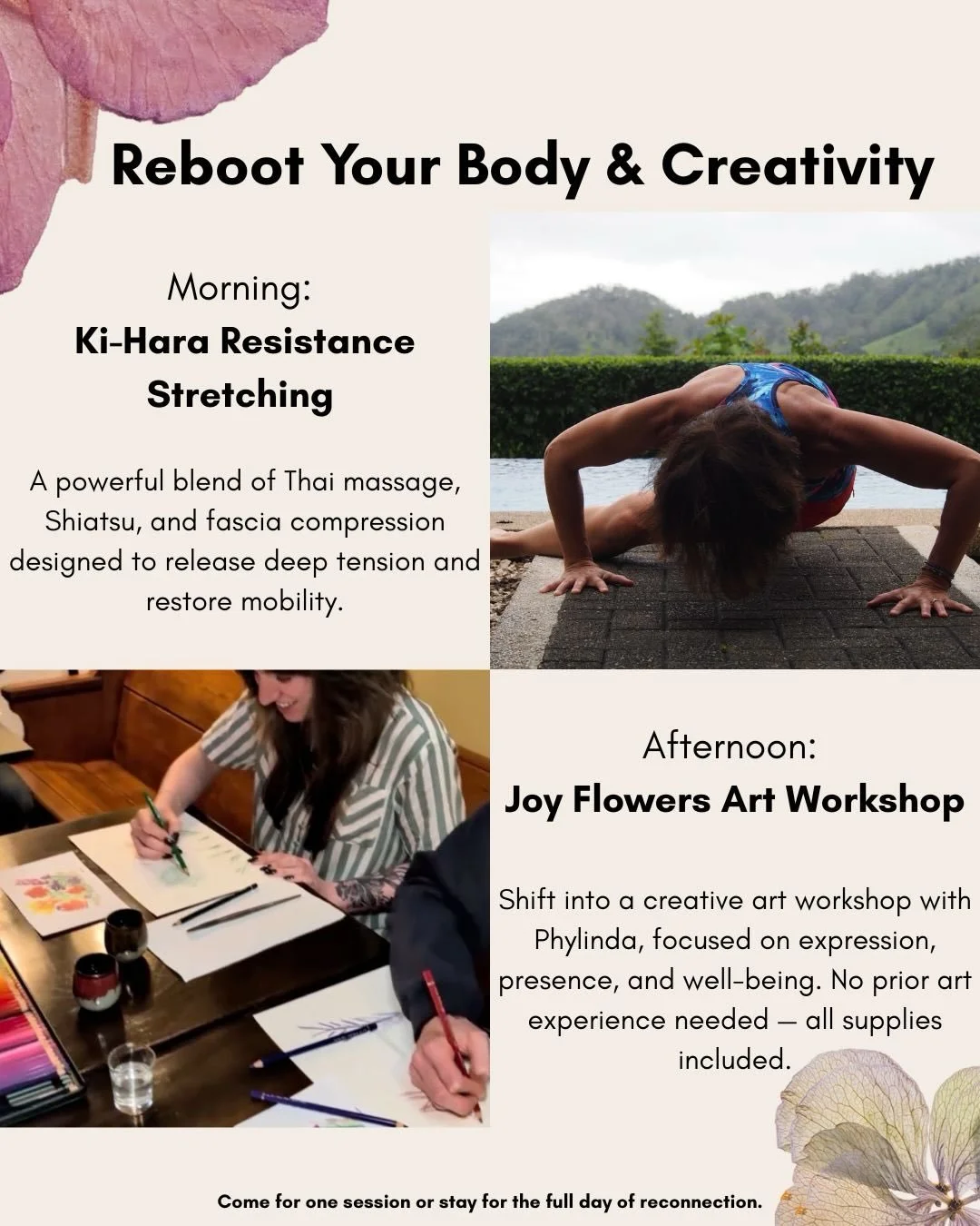 Not intimidating. Not overly polished. Just space to try something new and feel good doing it.

March 28 | Susan + Phylinda guide you through:
&bull;Hands-on Ki-Hara workshop in the morning 
&bull;A playful, mindful art workshop in the afternoon

Rec